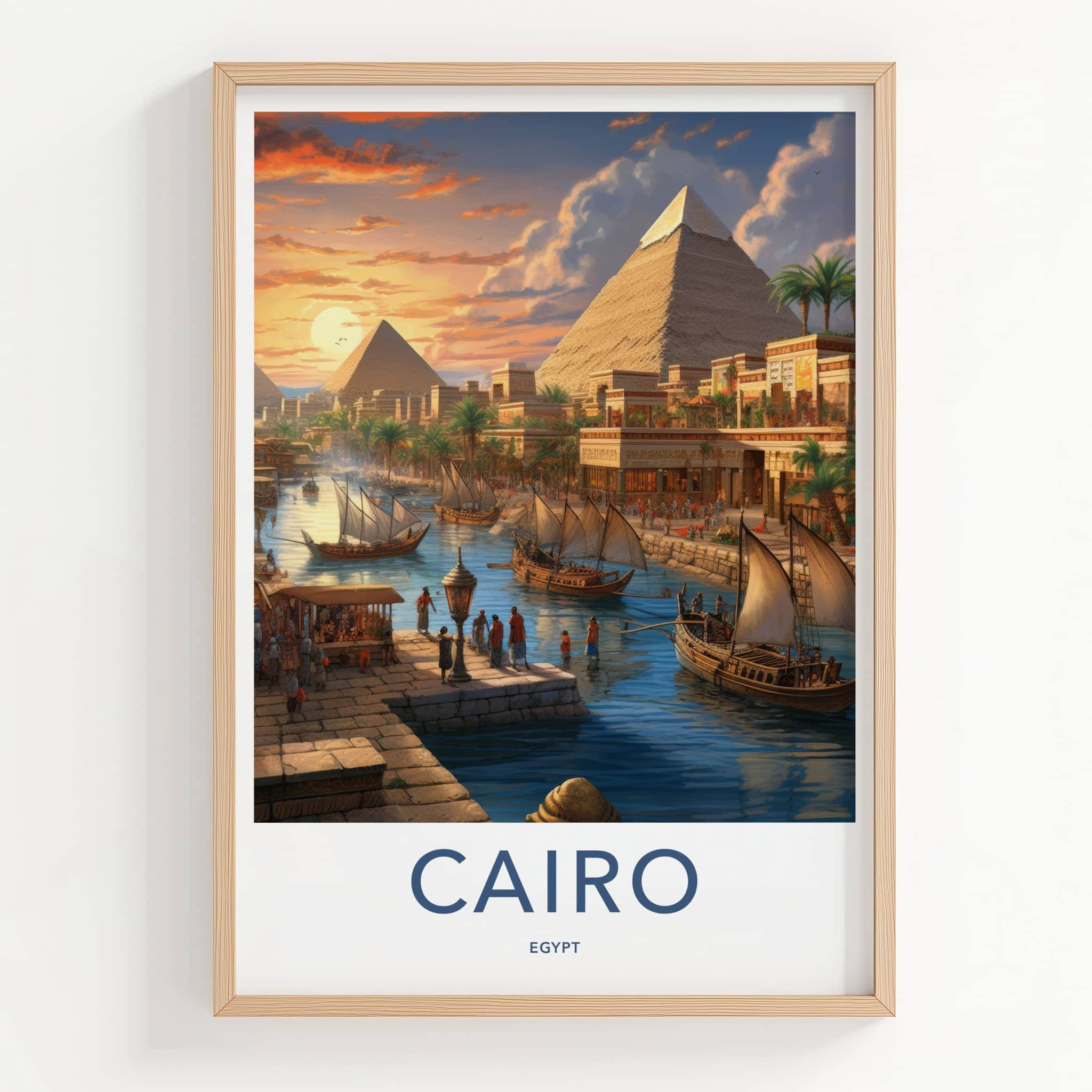 Cairo Poster - Egypt Wall Art - Sunset Pyramids Boats Home Decor