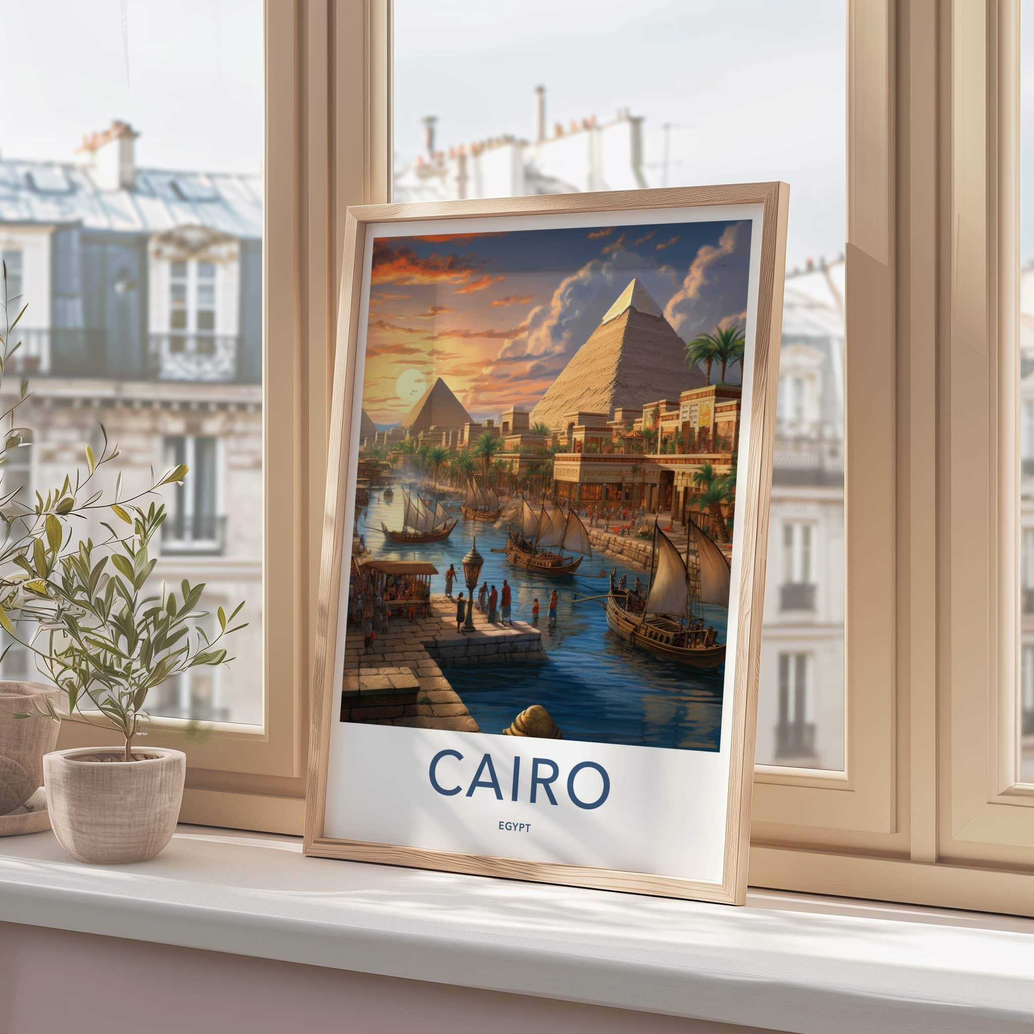 Cairo Poster - Egypt Wall Art - Sunset Pyramids Boats Home Decor