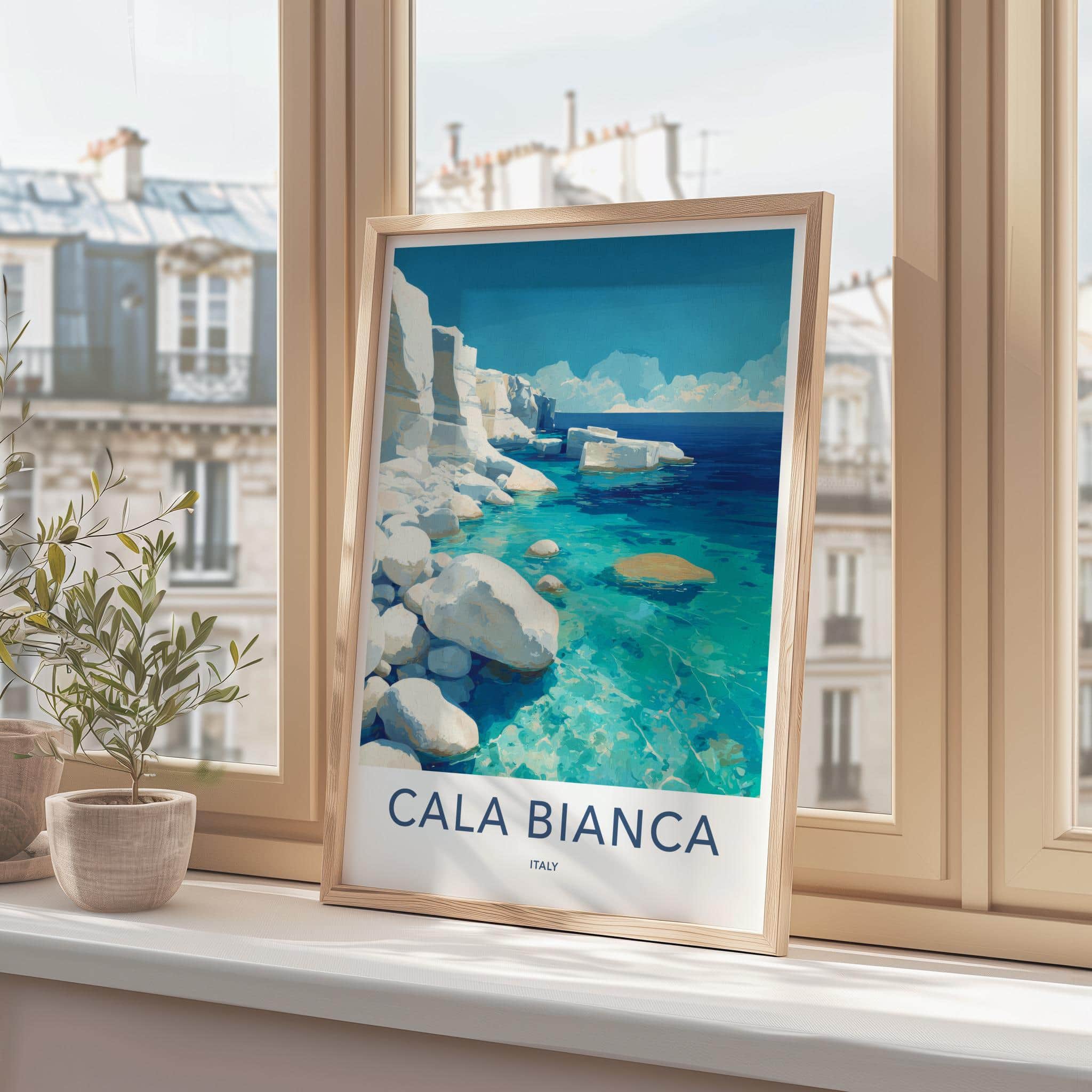 Cala Bianca Poster - Italy Travel Art - White Cliffs Azure Home Decor
