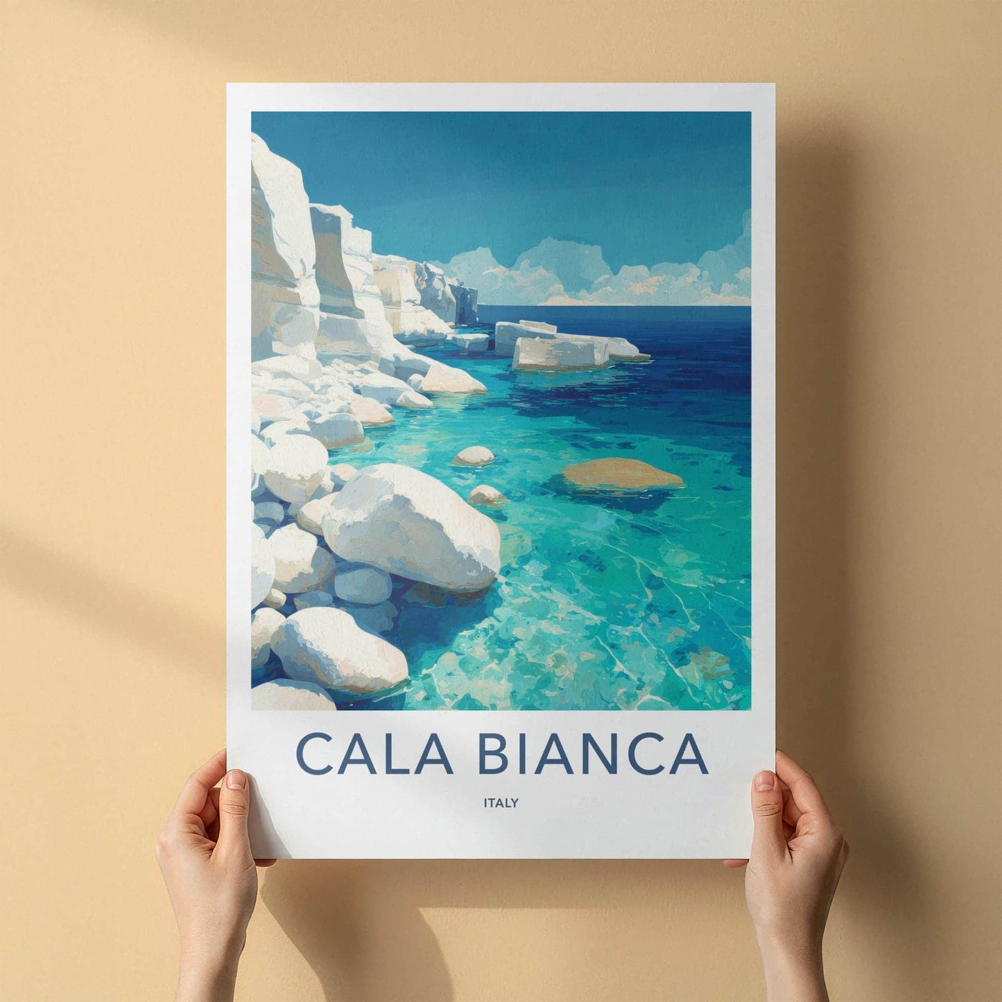 Cala Bianca Poster - Italy Travel Art - White Cliffs Azure Home Decor
