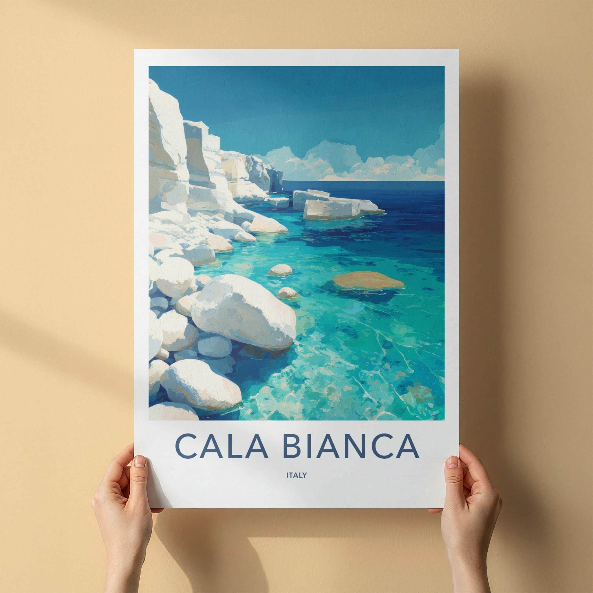 Cala Bianca Poster - Italy Travel Art - White Cliffs Azure Home Decor
