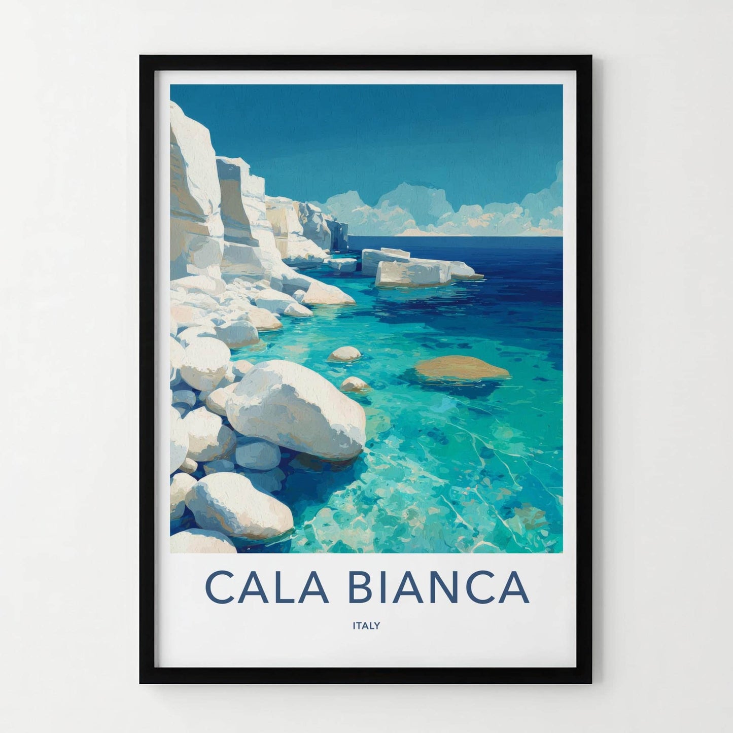 Cala Bianca Poster - Italy Travel Art - White Cliffs Azure Home Decor