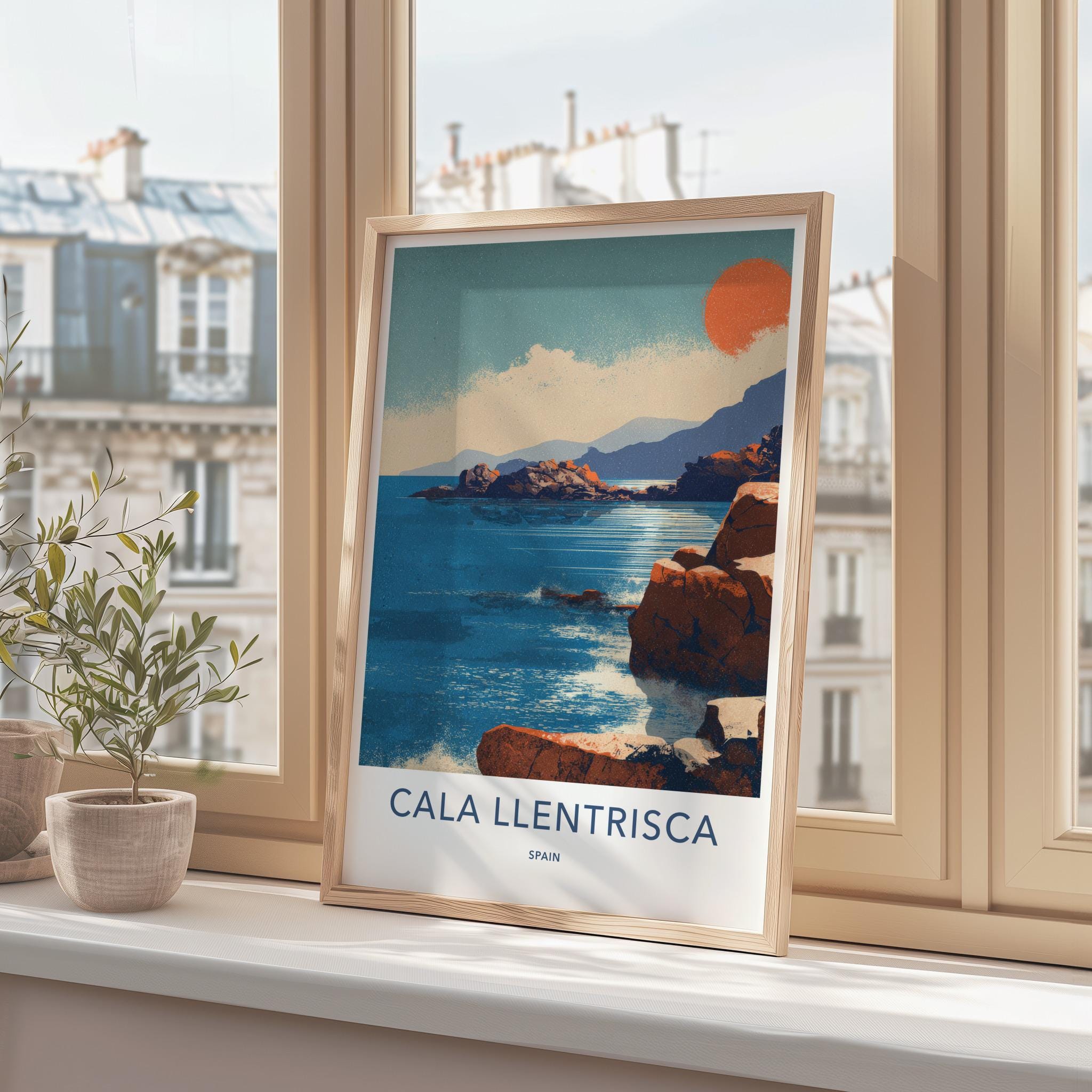 Cala Llentrisca Poster - Spain Travel Art - Orange Sun Seascape Wall Decor