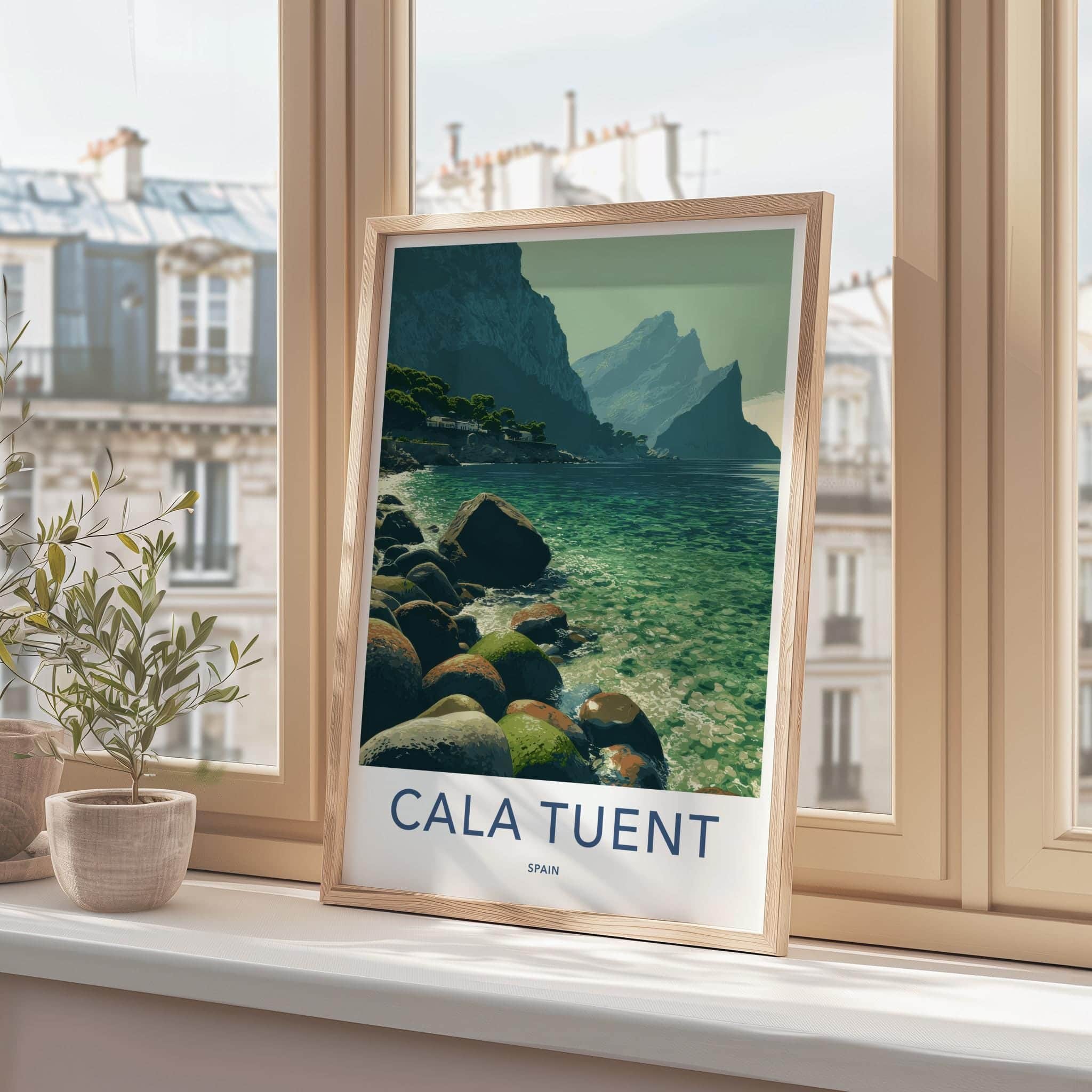 Cala Tuent Poster - Spain Scenic Art - turquoise waters cliffs Decor