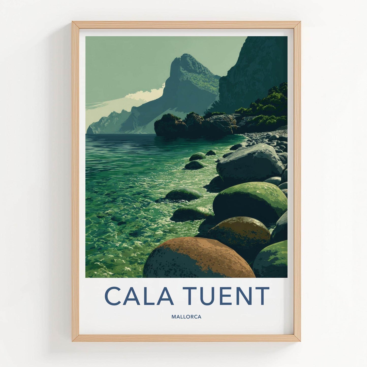 Cala Tuent Poster - Spain Travel Art - Emerald Shoreline Peaks Home Decor