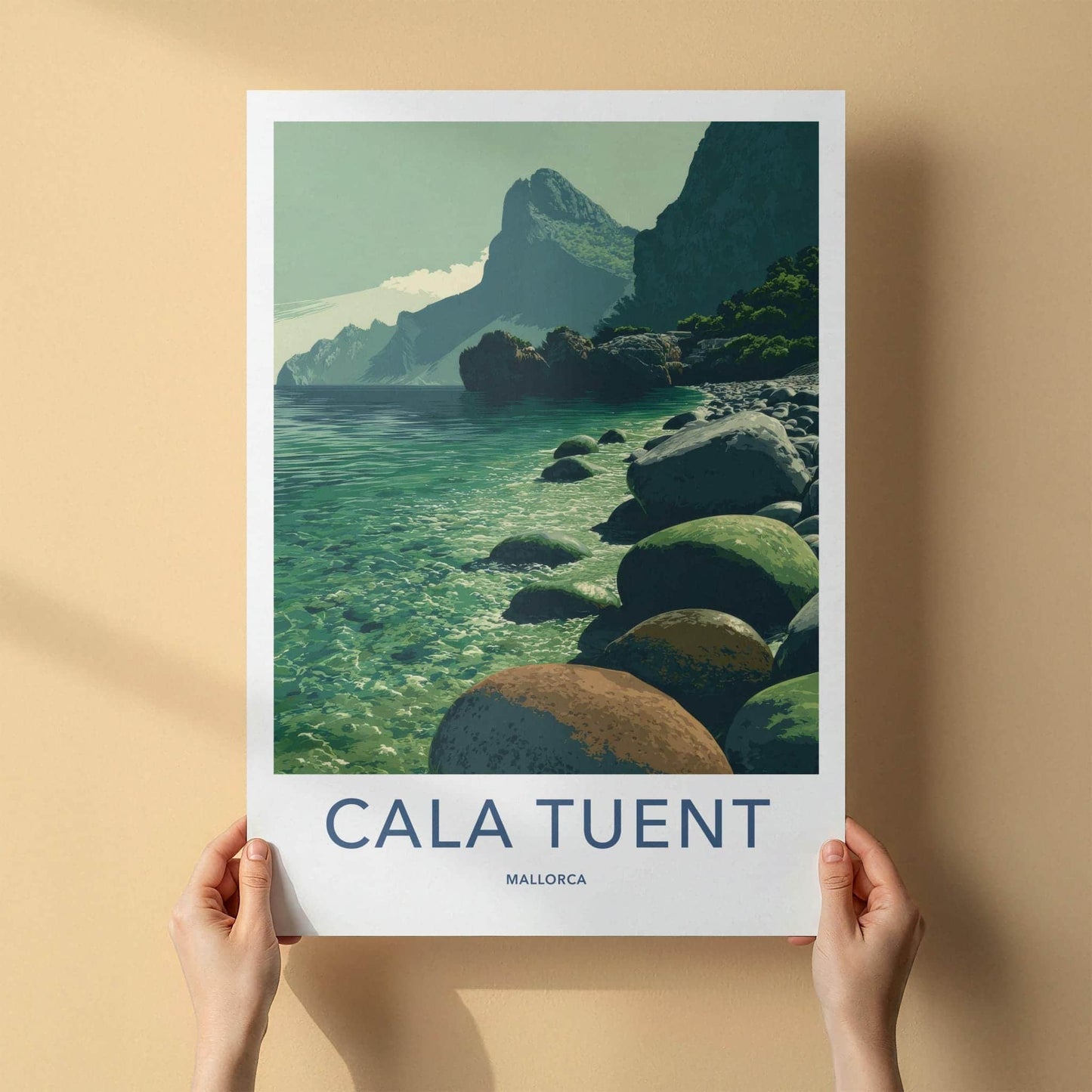 Cala Tuent Poster - Spain Travel Art - Emerald Shoreline Peaks Home Decor