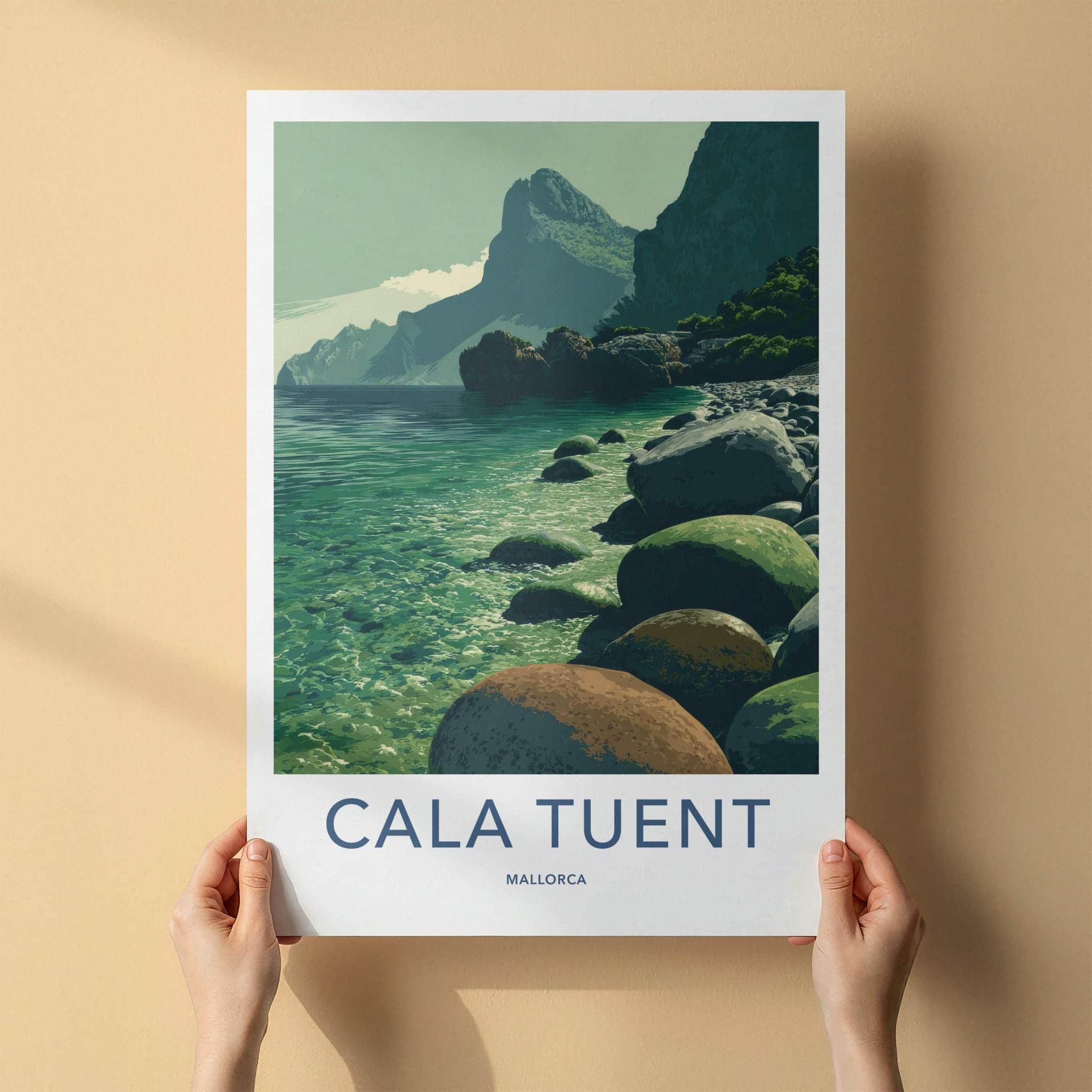 Cala Tuent Poster - Spain Travel Art - Emerald Shoreline Peaks Home Decor