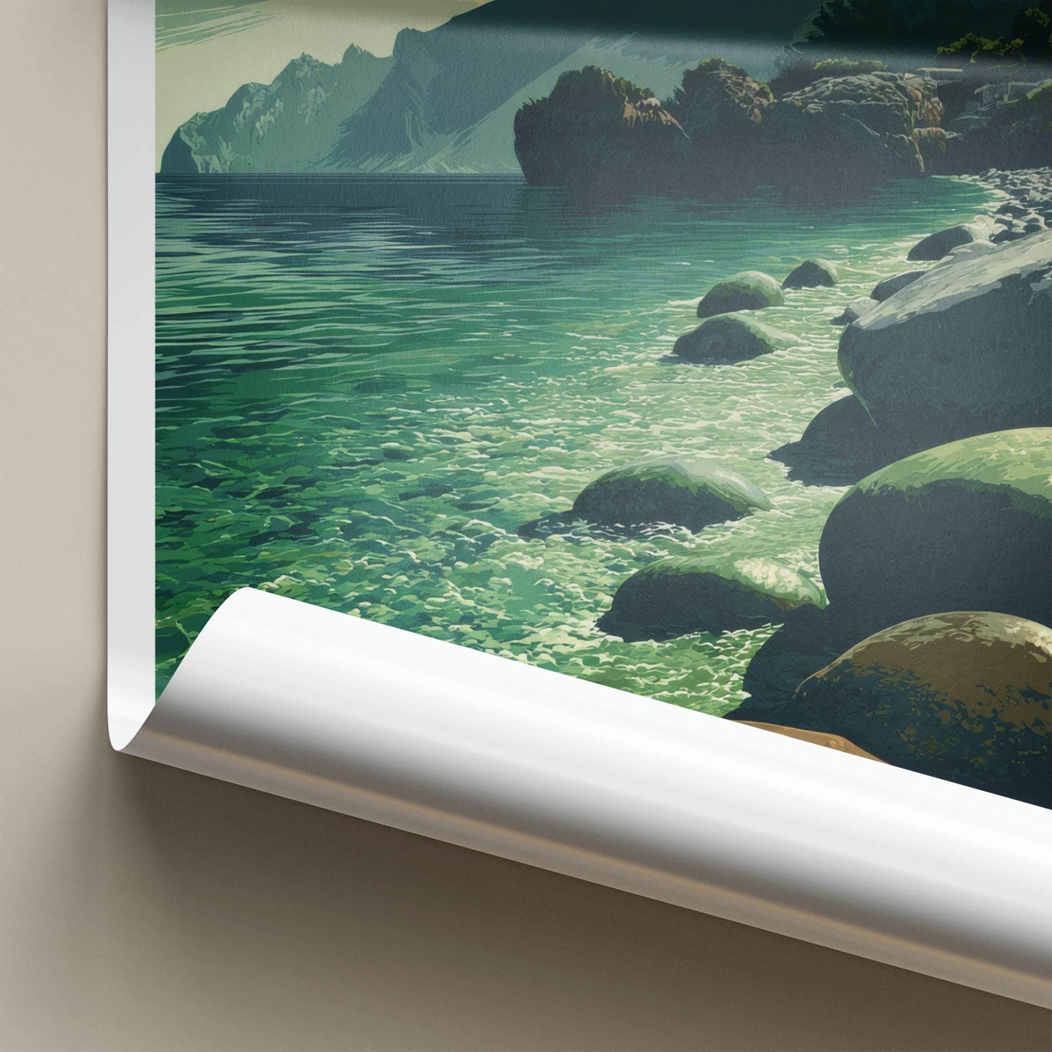 Cala Tuent Poster - Spain Travel Art - Emerald Shoreline Peaks Home Decor