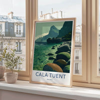 Cala Tuent Poster - Spain Travel Art - Emerald Shoreline Peaks Home Decor