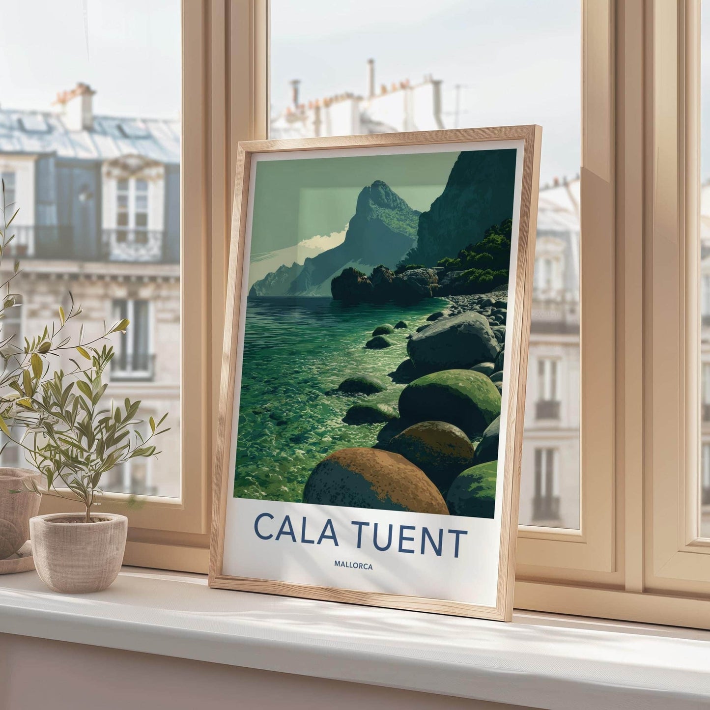 Cala Tuent Poster - Spain Travel Art - Emerald Shoreline Peaks Home Decor