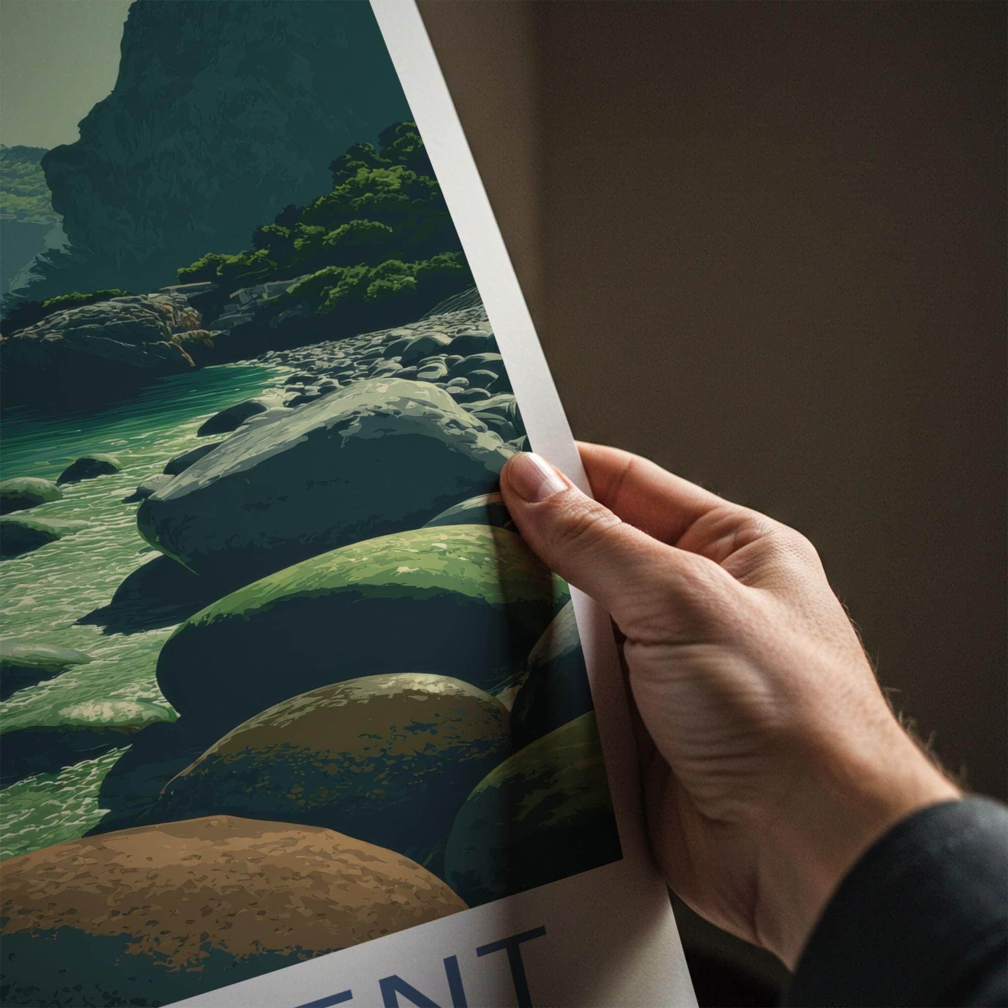 Cala Tuent Poster - Spain Travel Art - Emerald Shoreline Peaks Home Decor