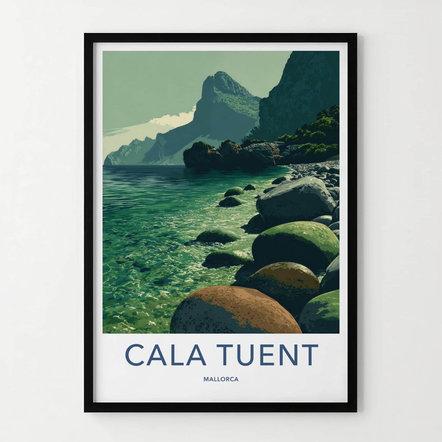 Cala Tuent Poster - Spain Travel Art - Emerald Shoreline Peaks Home Decor