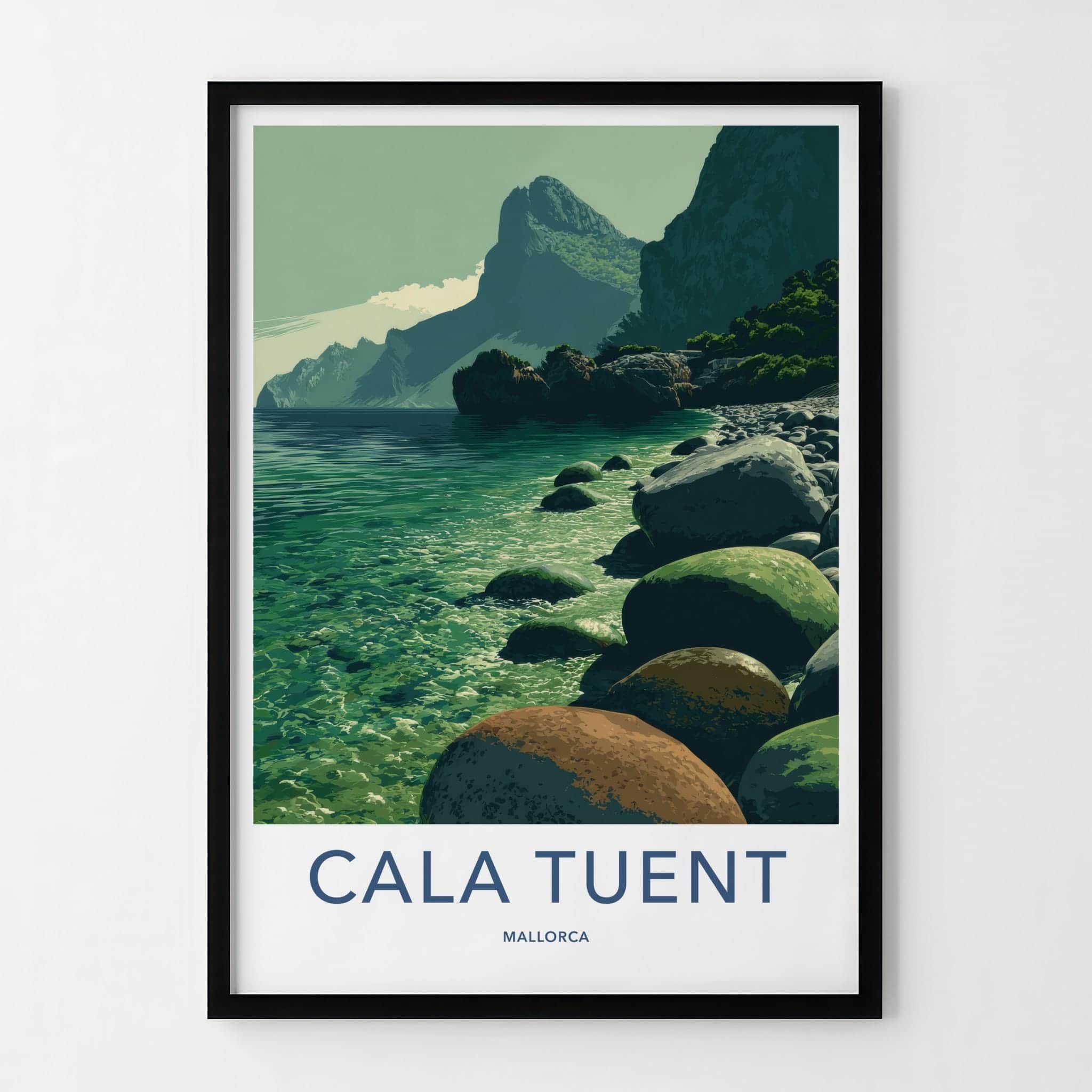 Cala Tuent Poster - Spain Travel Art - Emerald Shoreline Peaks Home Decor