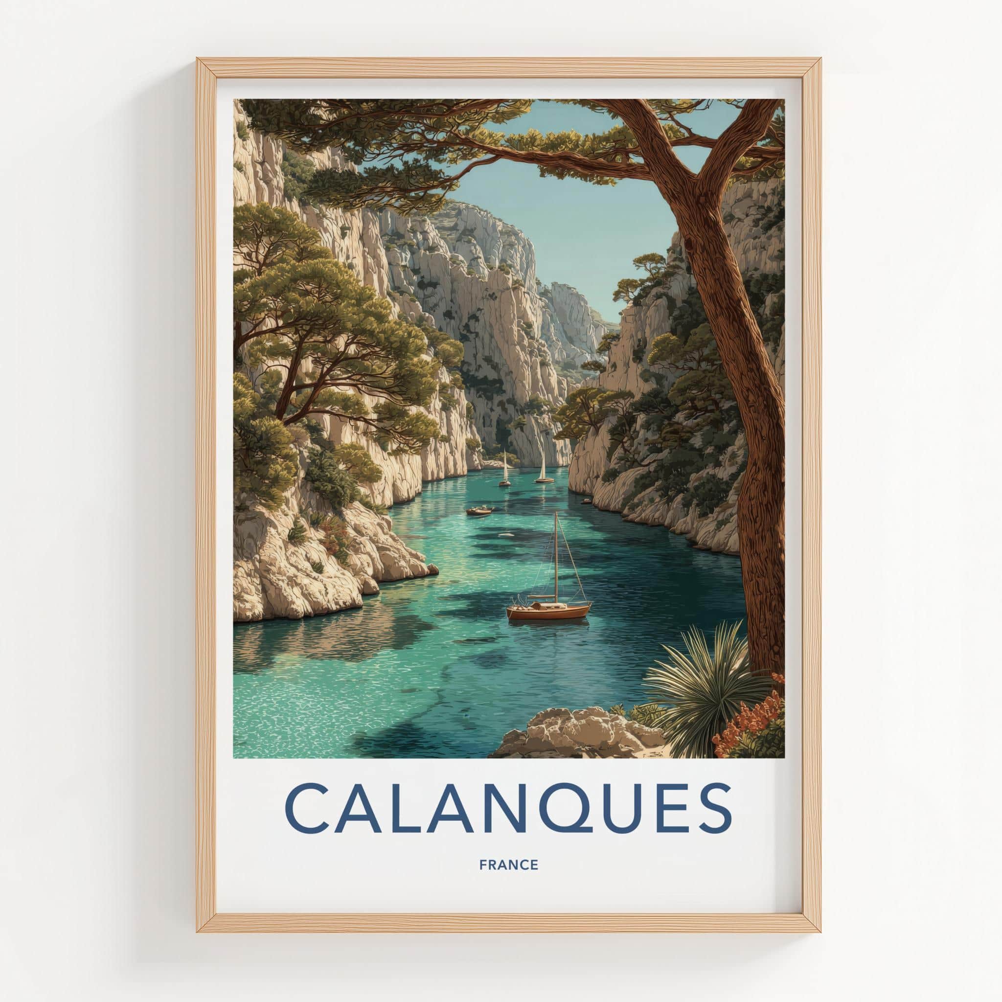 Calanques Poster - France Travel Art - Turquoise cove boats Wall Decor