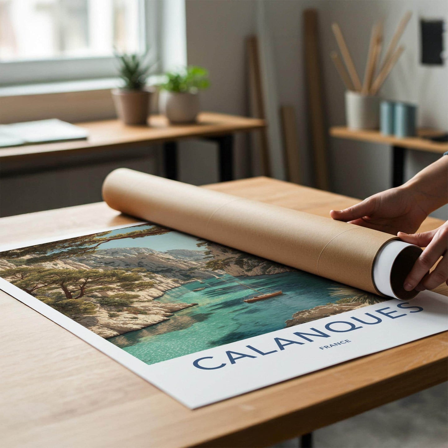 Calanques Poster - France Travel Art - Turquoise cove boats Wall Decor