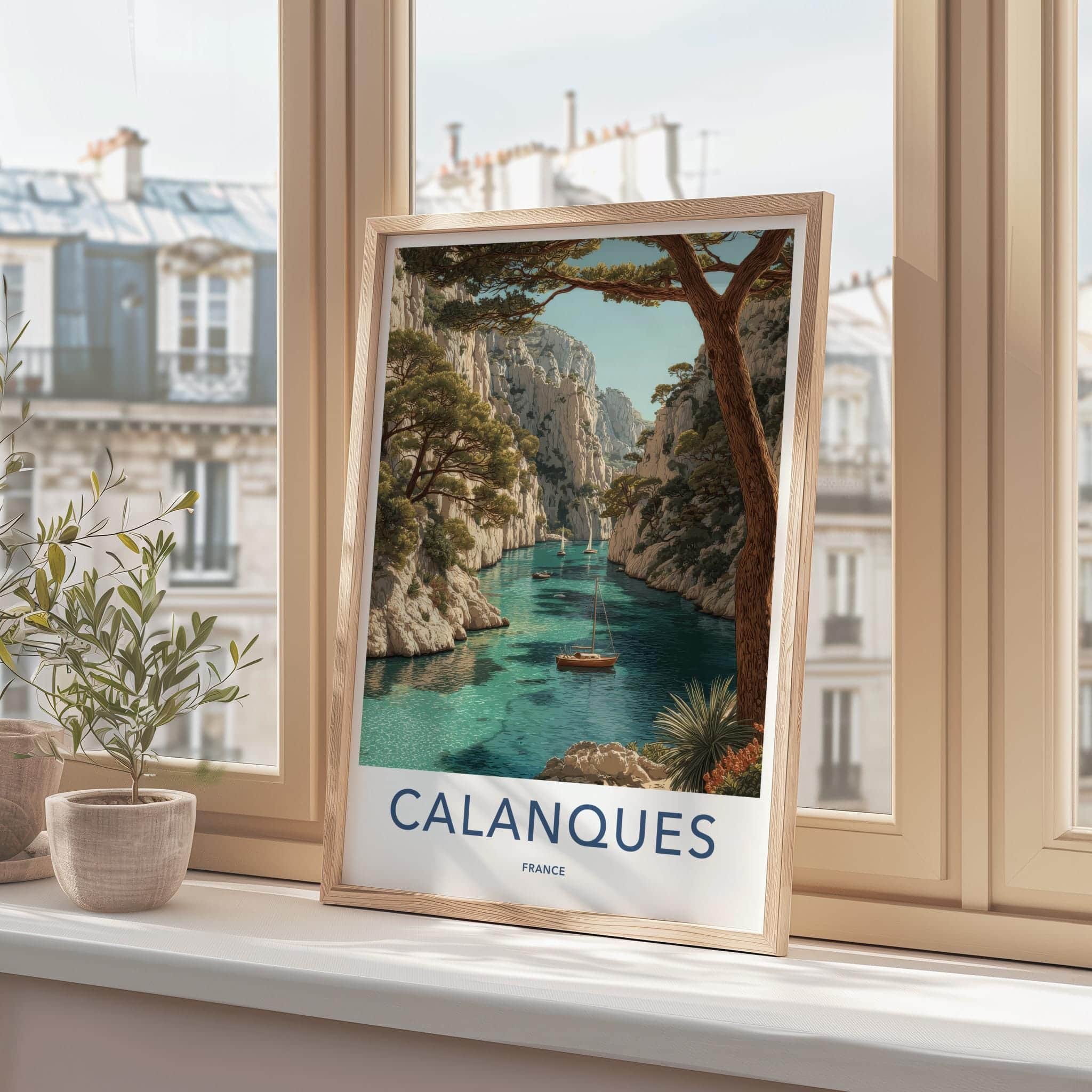 Calanques Poster - France Travel Art - Turquoise cove boats Wall Decor