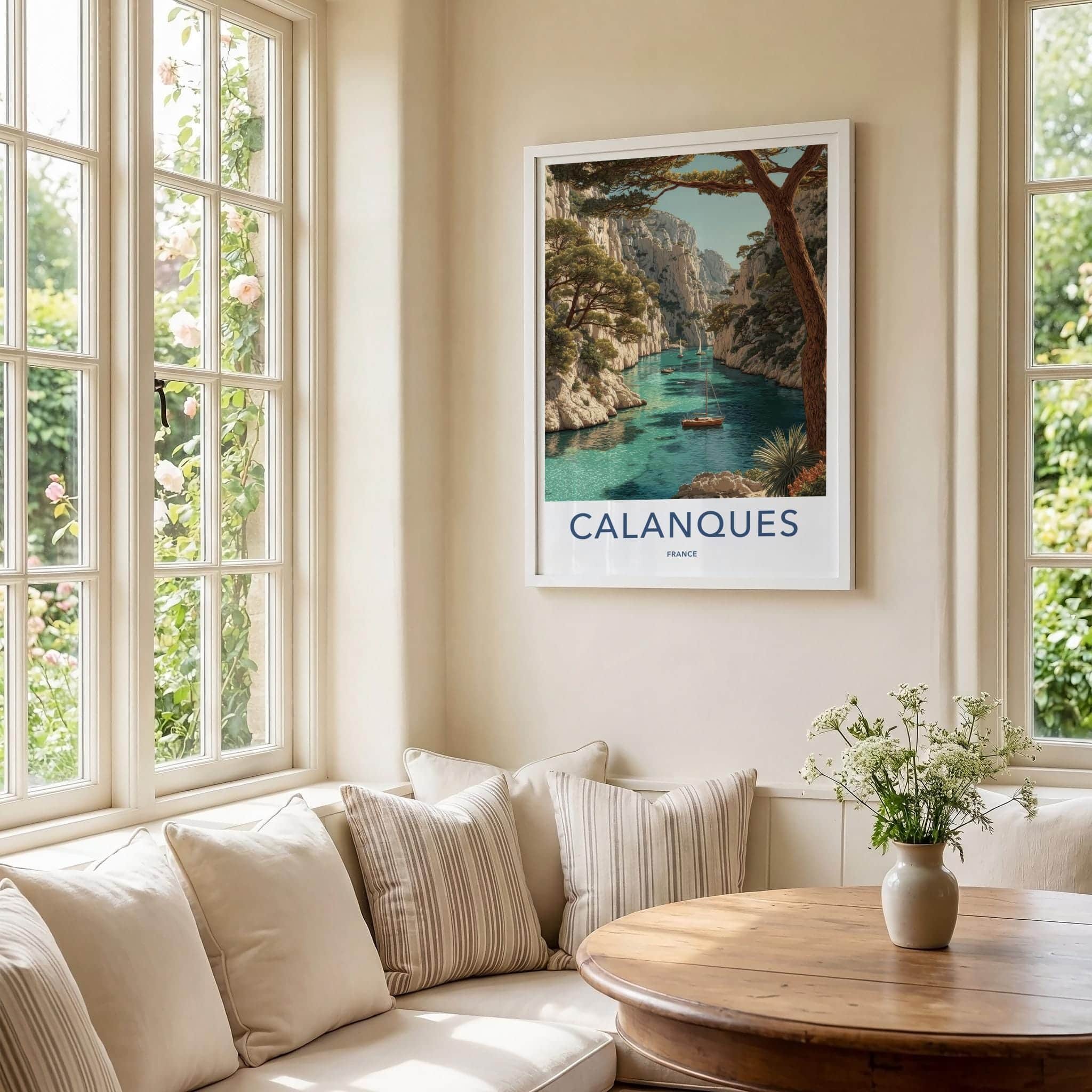 Calanques Poster - France Travel Art - Turquoise cove boats Wall Decor