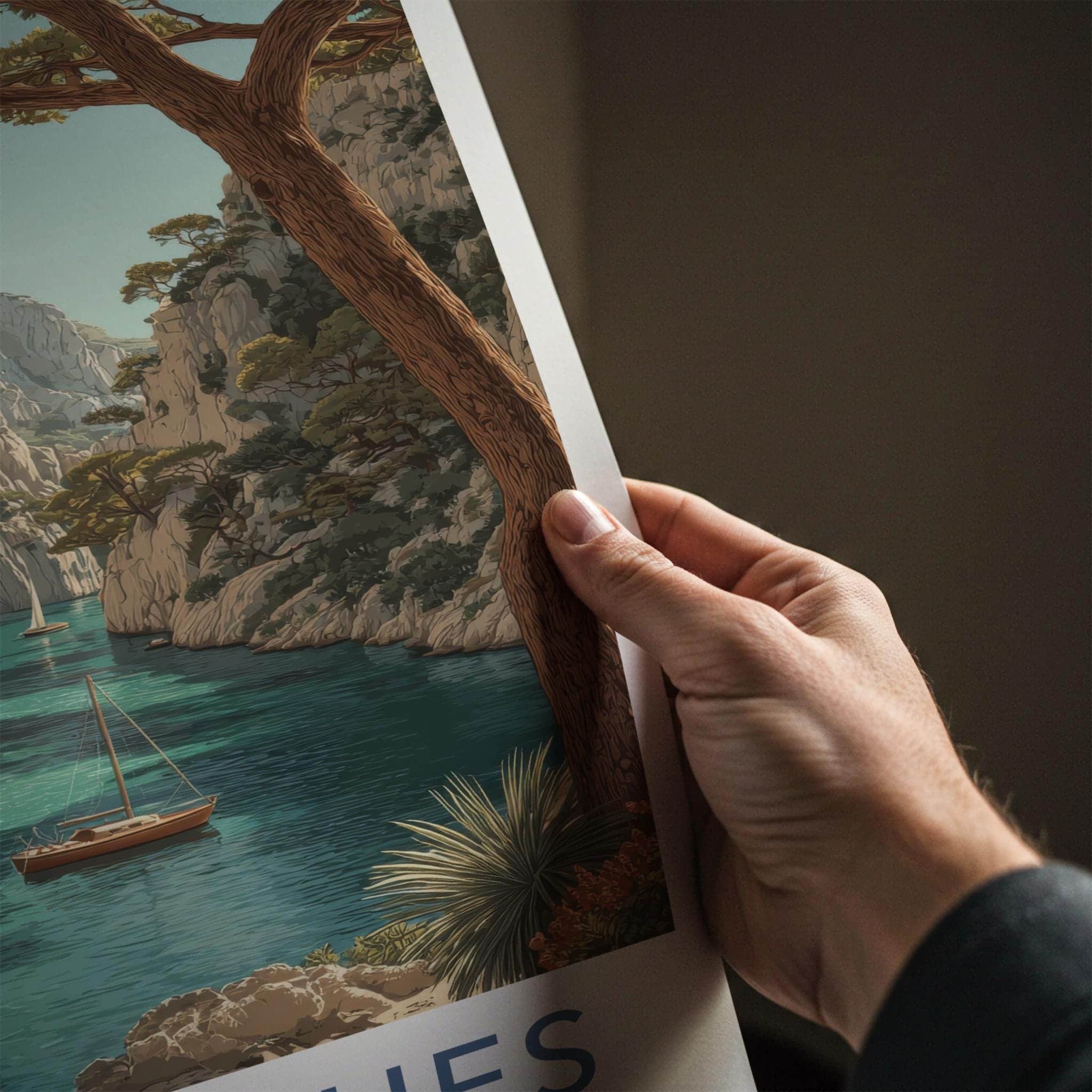 Calanques Poster - France Travel Art - Turquoise cove boats Wall Decor