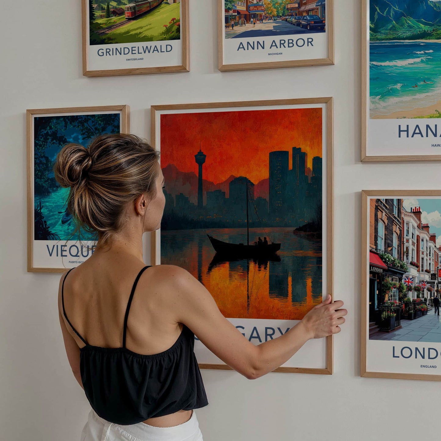 Calgary Poster - Canada Travel Art - Fiery Cityscape Boat Home Decor