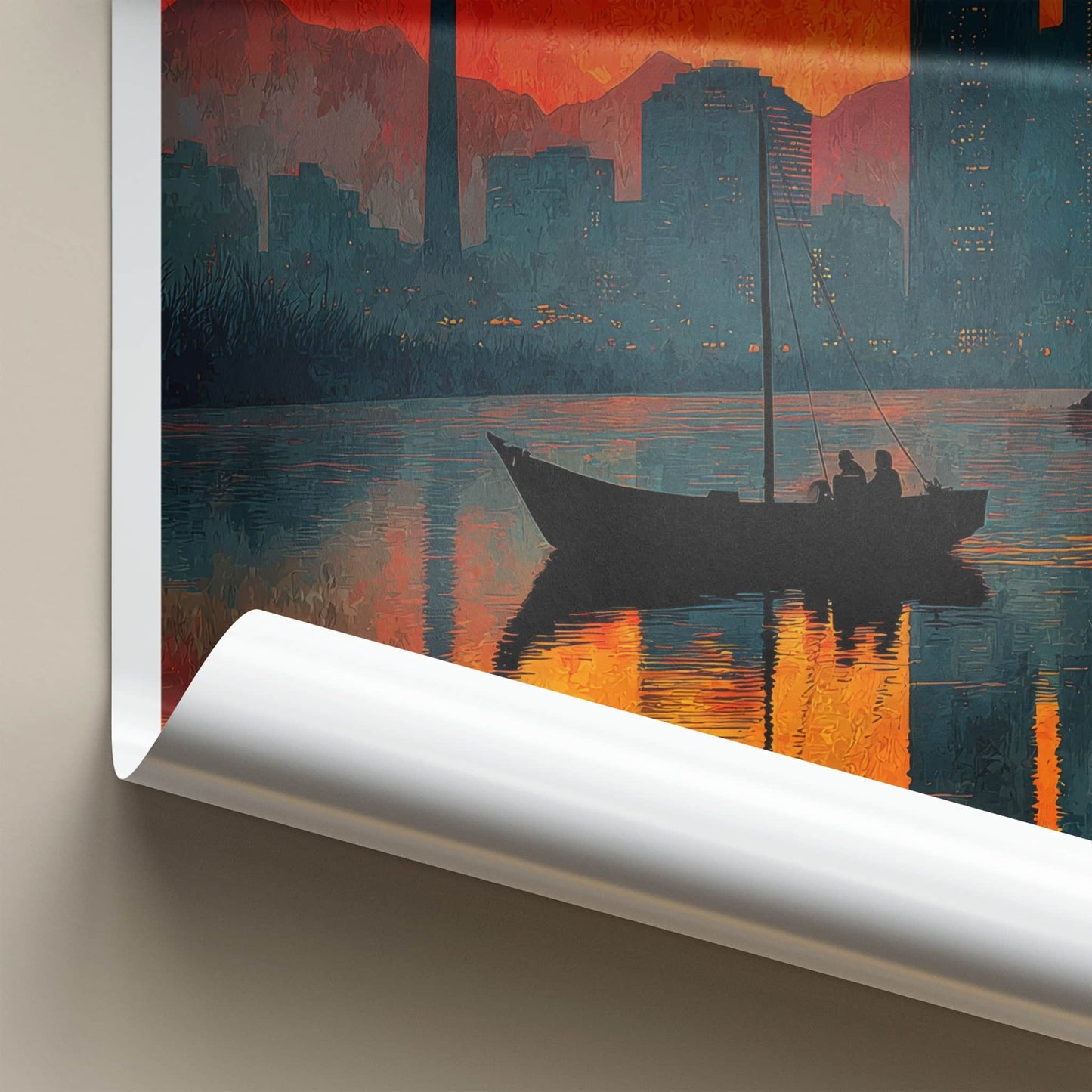 Calgary Poster - Canada Travel Art - Fiery Cityscape Boat Home Decor