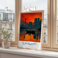 Calgary Poster - Canada Travel Art - Fiery Cityscape Boat Home Decor