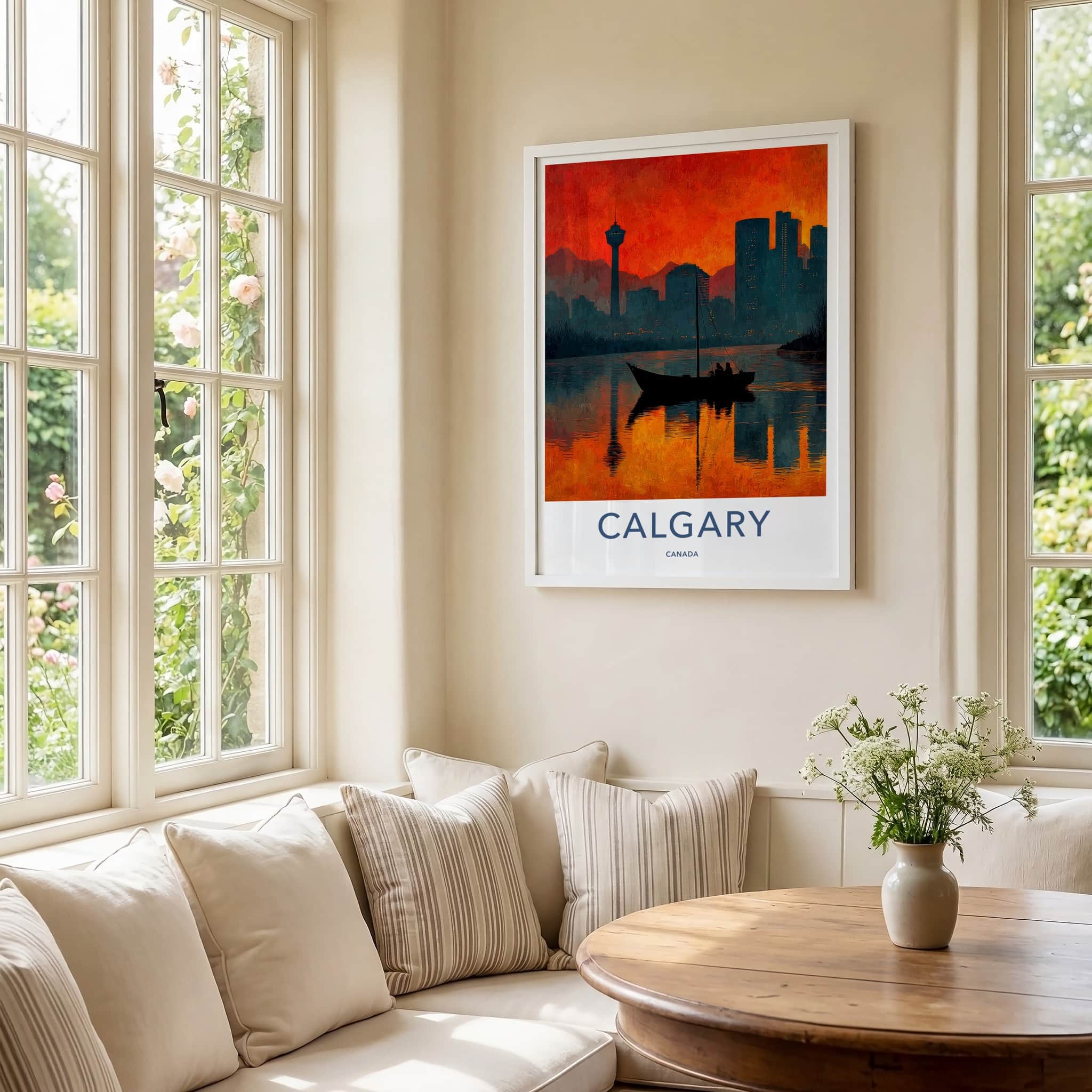 Calgary Poster - Canada Travel Art - Fiery Cityscape Boat Home Decor