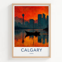 Calgary Poster - Canada Travel Art - Fiery Cityscape Boat Home Decor