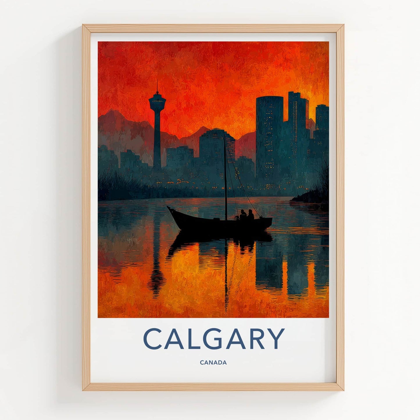 Calgary Poster - Canada Travel Art - Fiery Cityscape Boat Home Decor