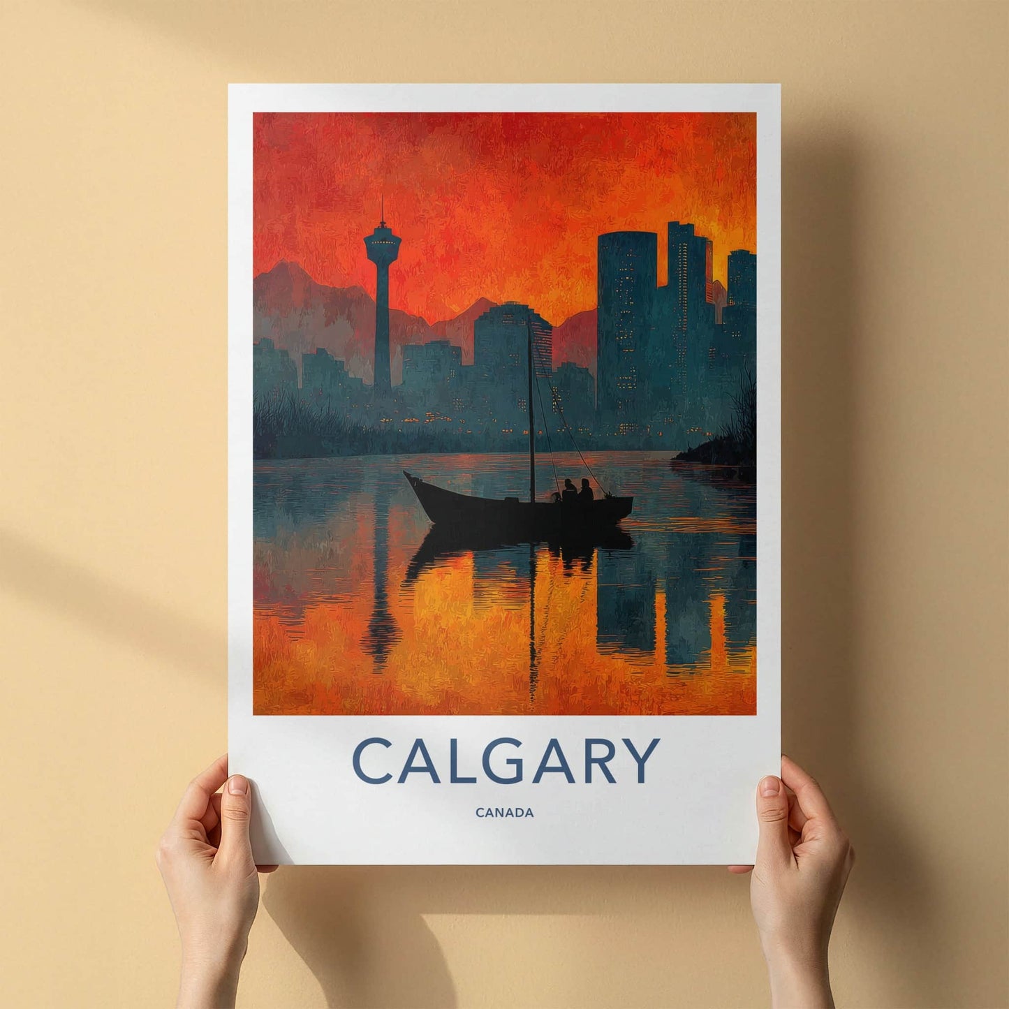 Calgary Poster - Canada Travel Art - Fiery Cityscape Boat Home Decor