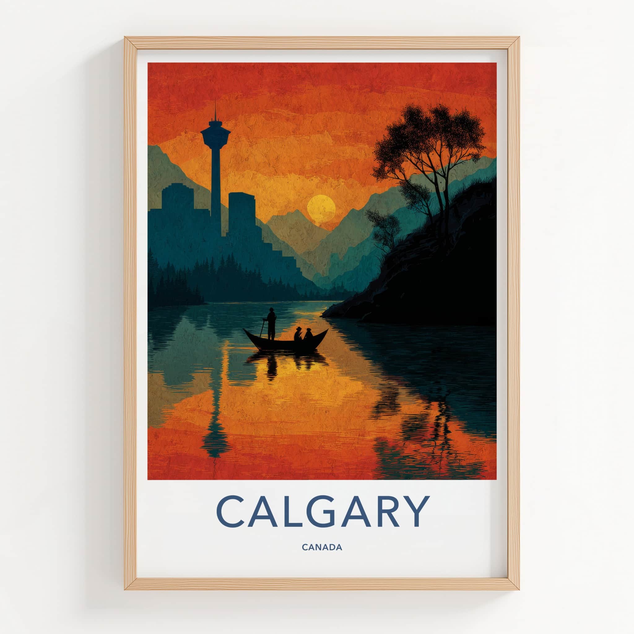 Calgary Poster - Canada Travel Art - Sunset River Cityscape Home Decor