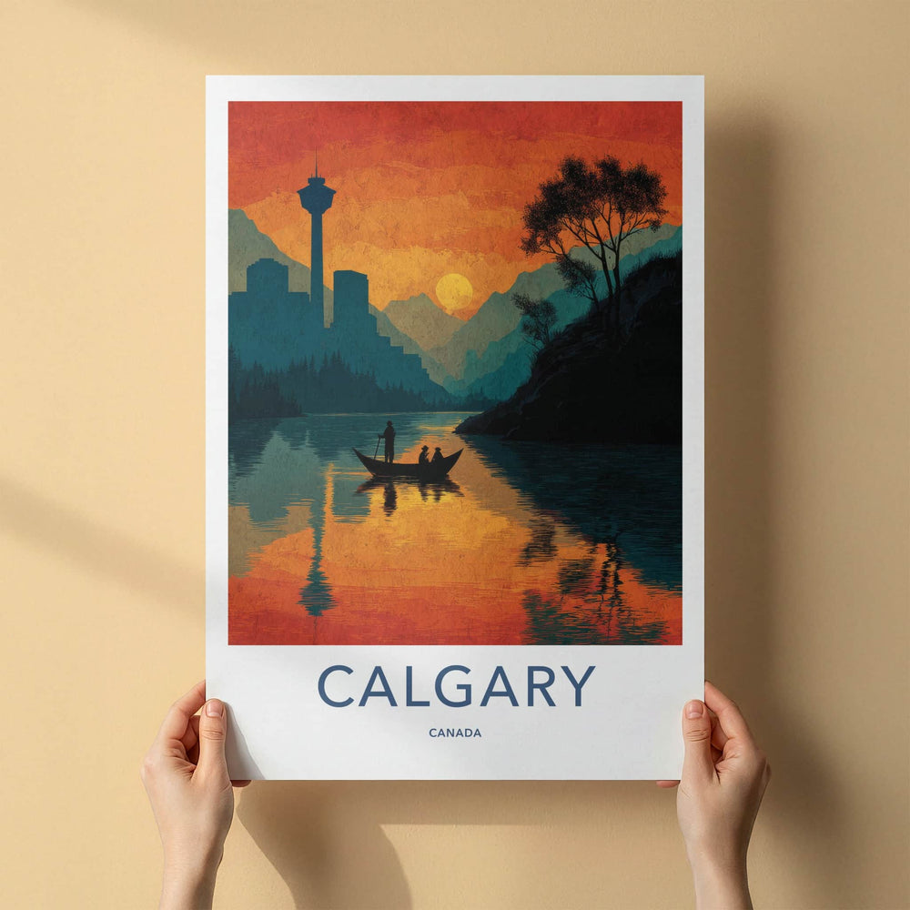 Calgary Poster - Canada Travel Art - Sunset River Cityscape Home Decor