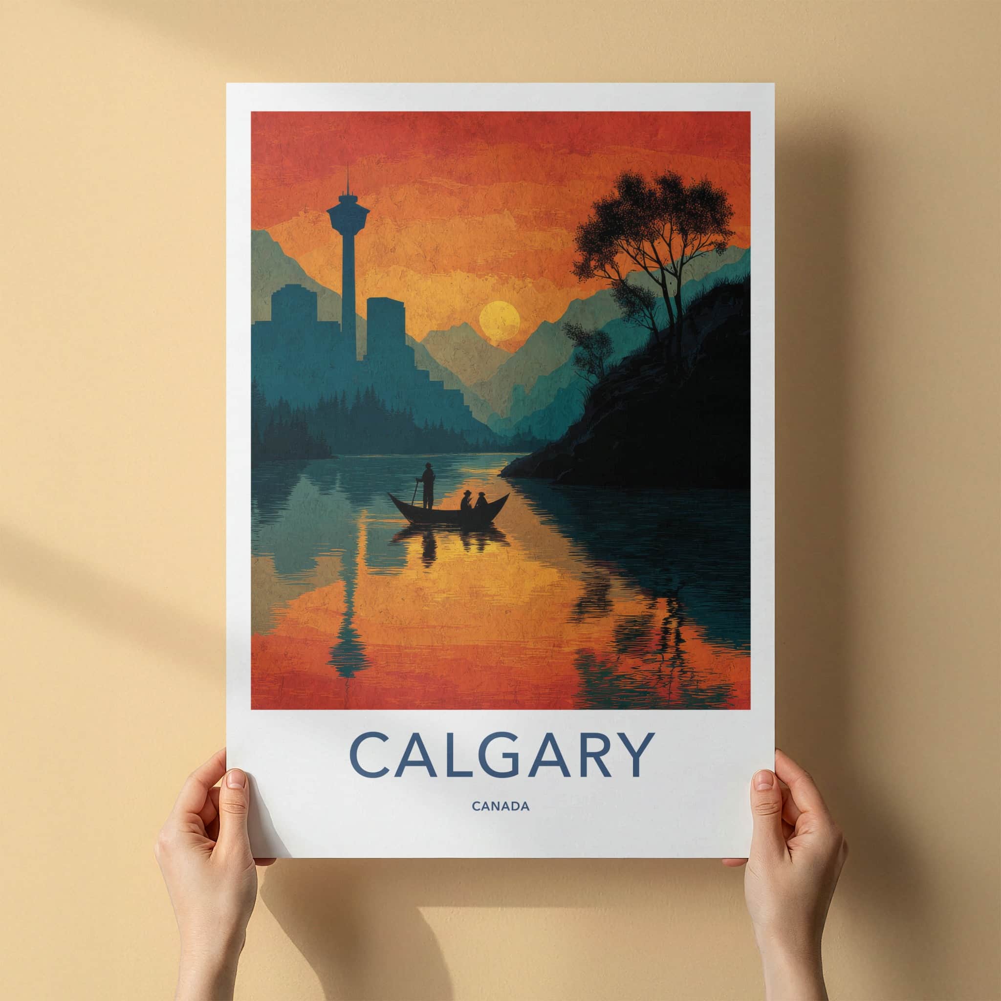 Calgary Poster - Canada Travel Art - Sunset River Cityscape Home Decor