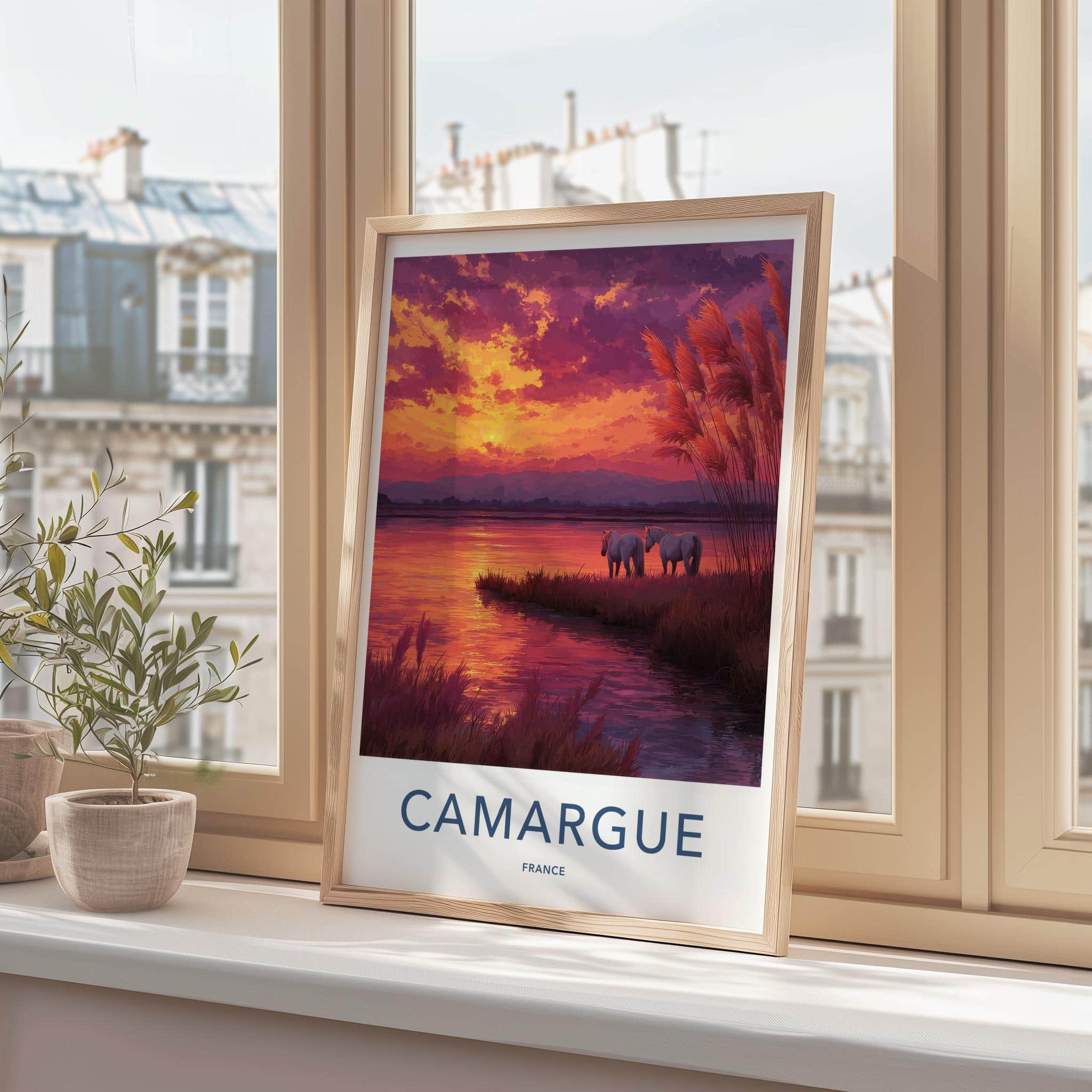 Camargue Poster - France Art Print - Horses Sunset Lake Wall Decor