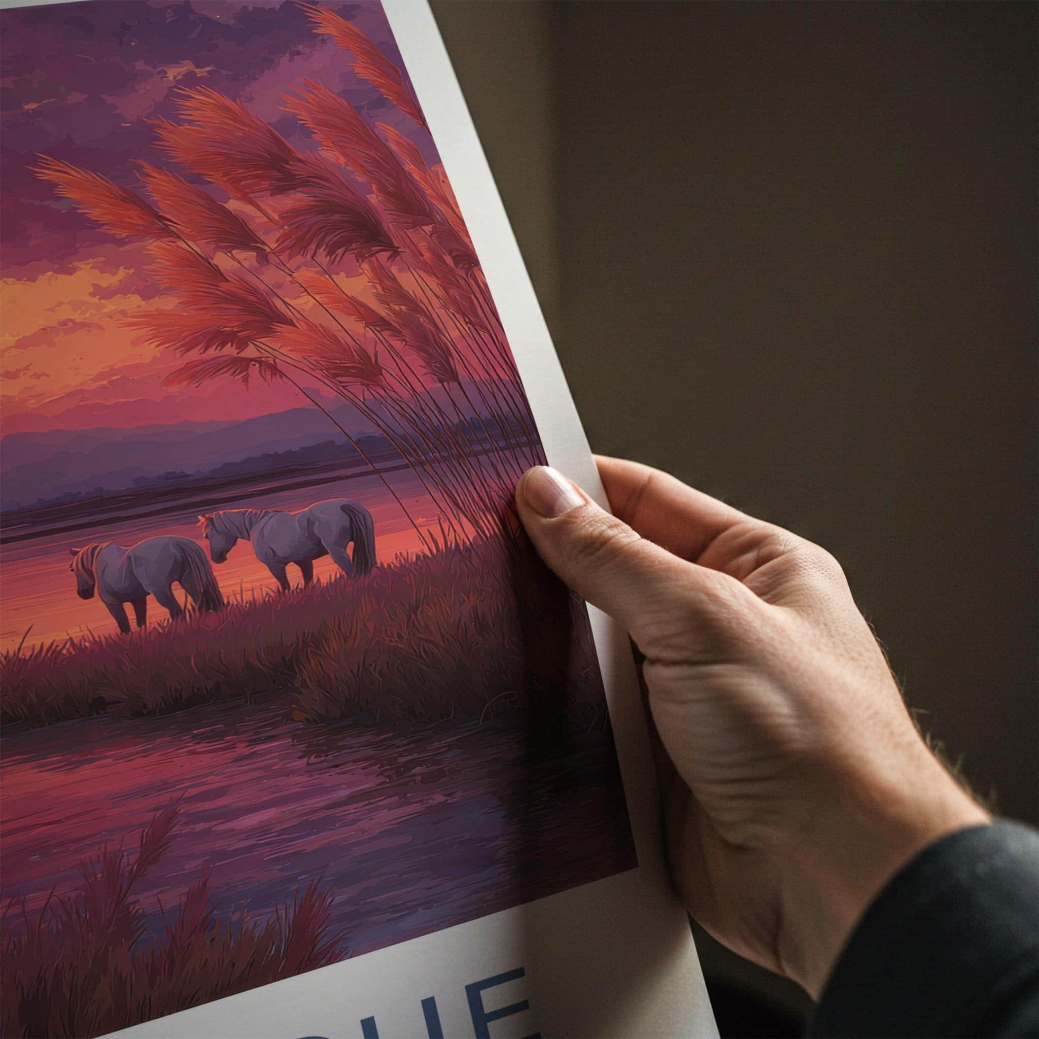 Camargue Poster - France Art Print - Horses Sunset Lake Wall Decor