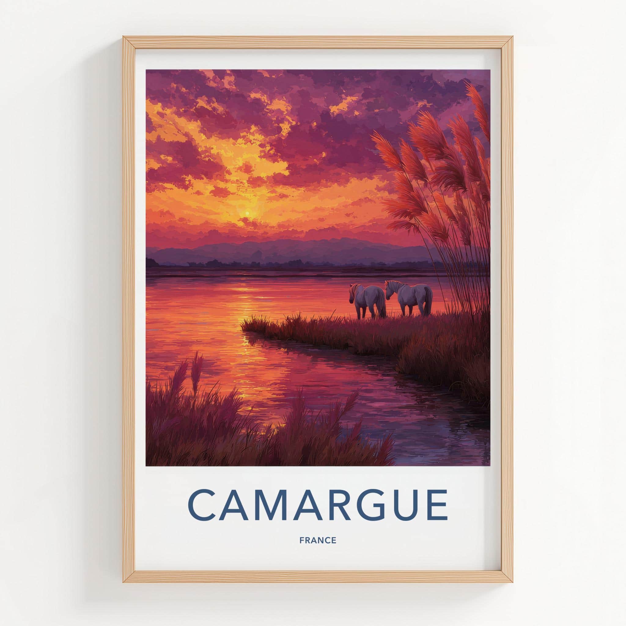 Camargue Poster - France Art Print - Horses Sunset Lake Wall Decor