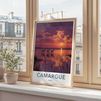 Camargue Poster - France Scenic Art - White horses sunset Wall Decor
