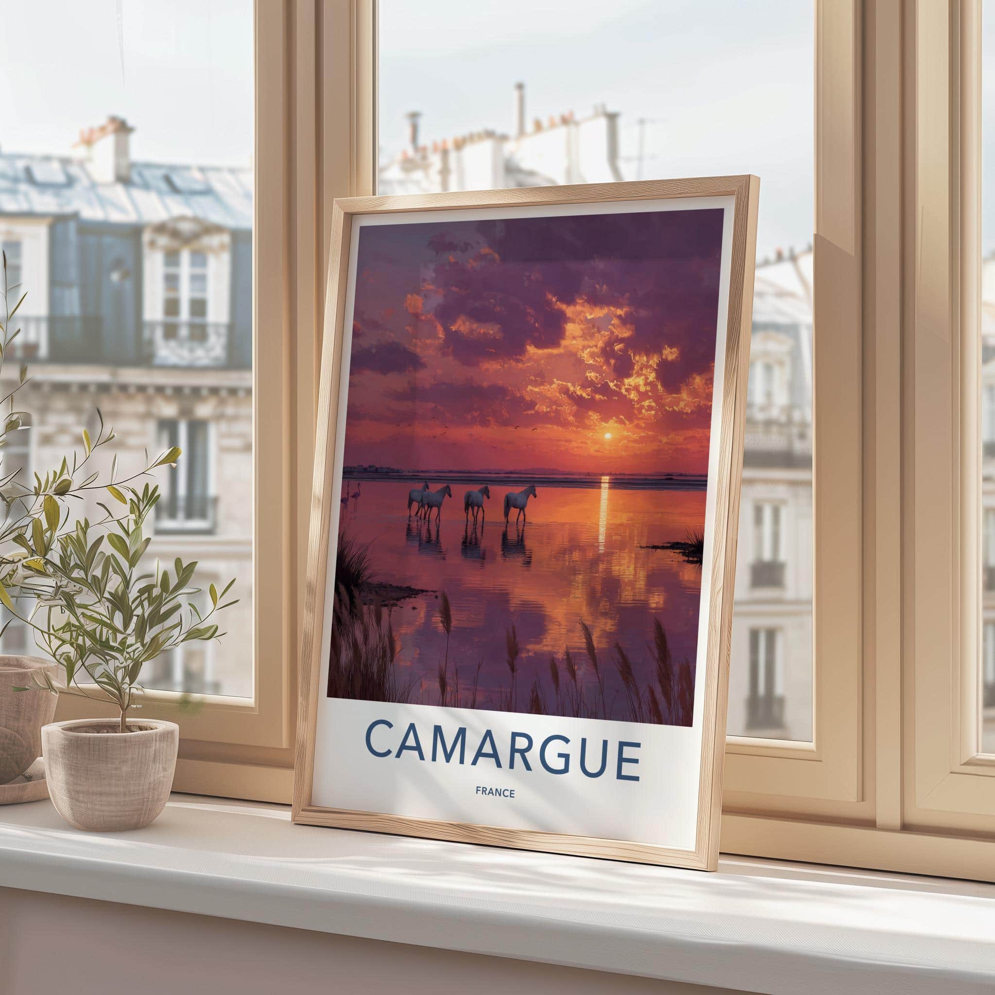Camargue Poster - France Scenic Art - White horses sunset Wall Decor