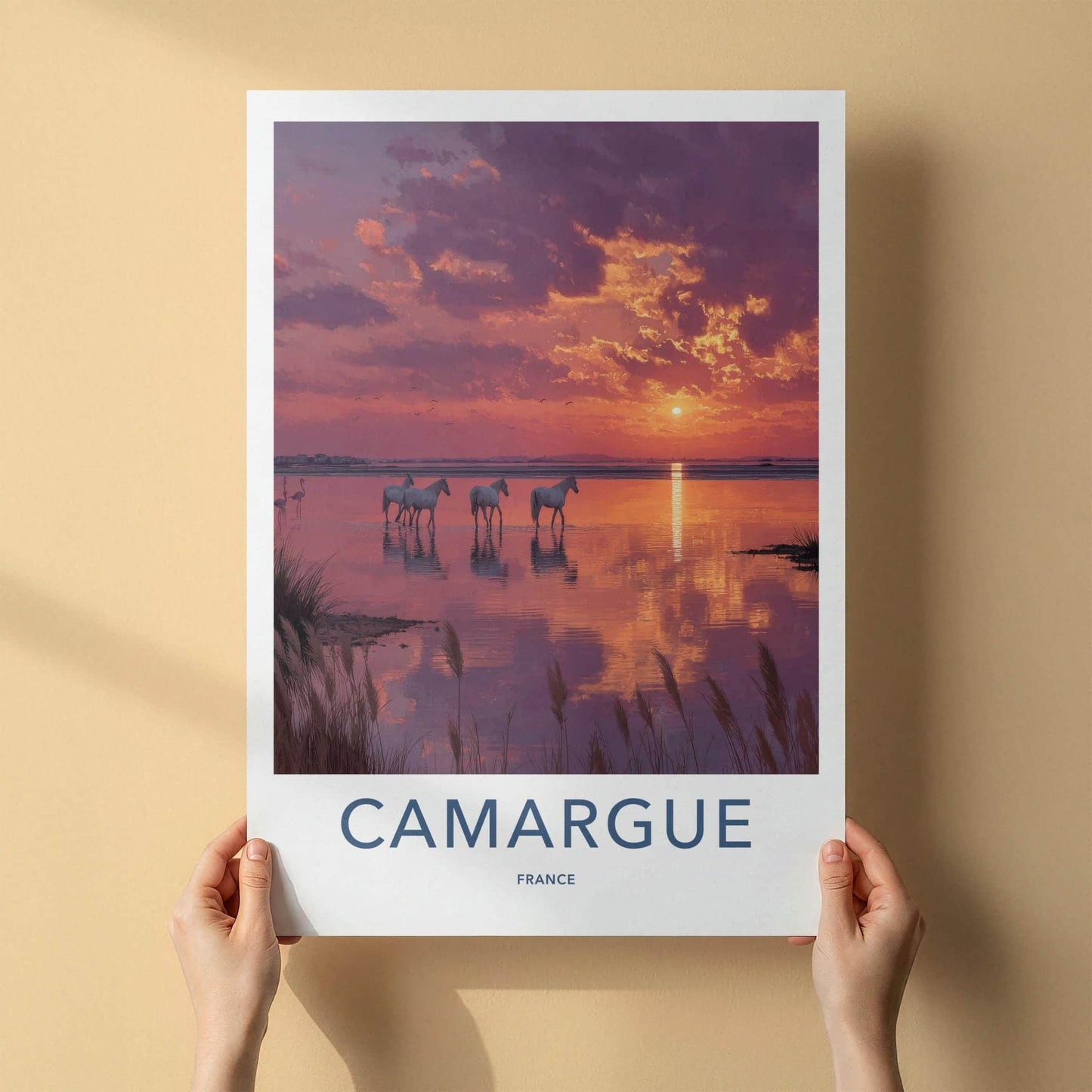 Camargue Poster - France Scenic Art - White horses sunset Wall Decor