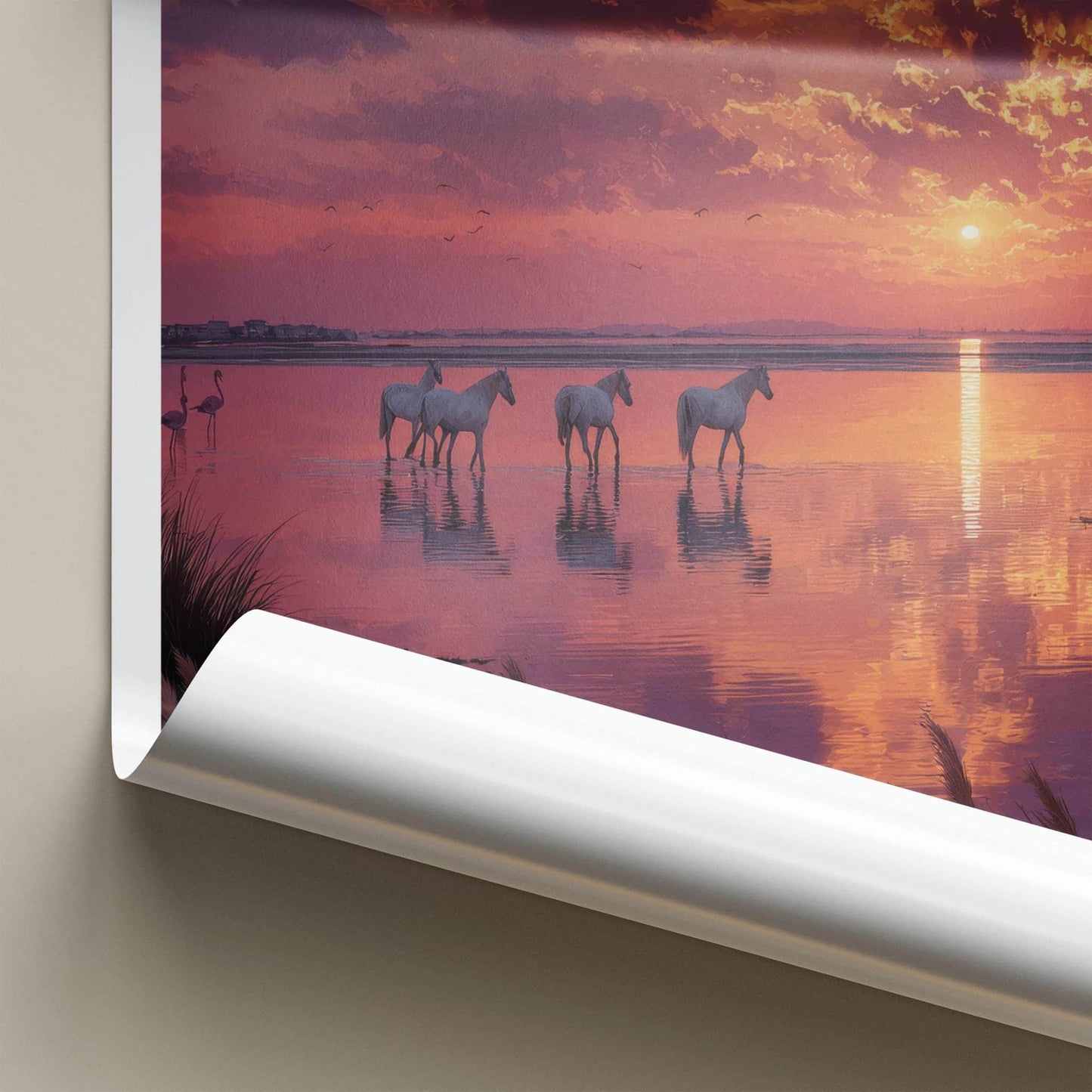 Camargue Poster - France Scenic Art - White horses sunset Wall Decor