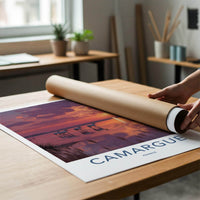 Camargue Poster - France Scenic Art - White horses sunset Wall Decor