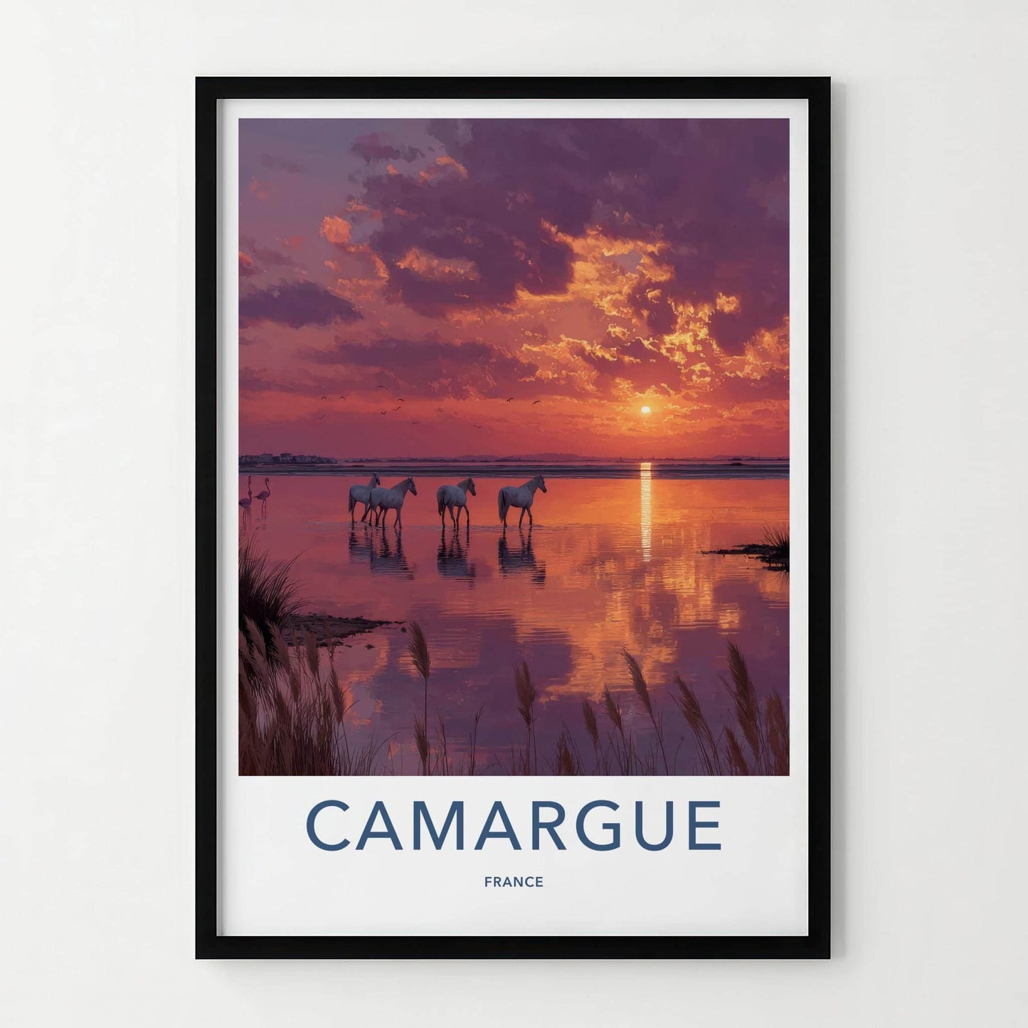 Camargue Poster - France Scenic Art - White horses sunset Wall Decor