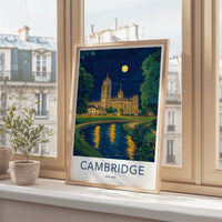 Cambridge Poster - England Travel Art - Moonlit Cathedral River Home Decor
