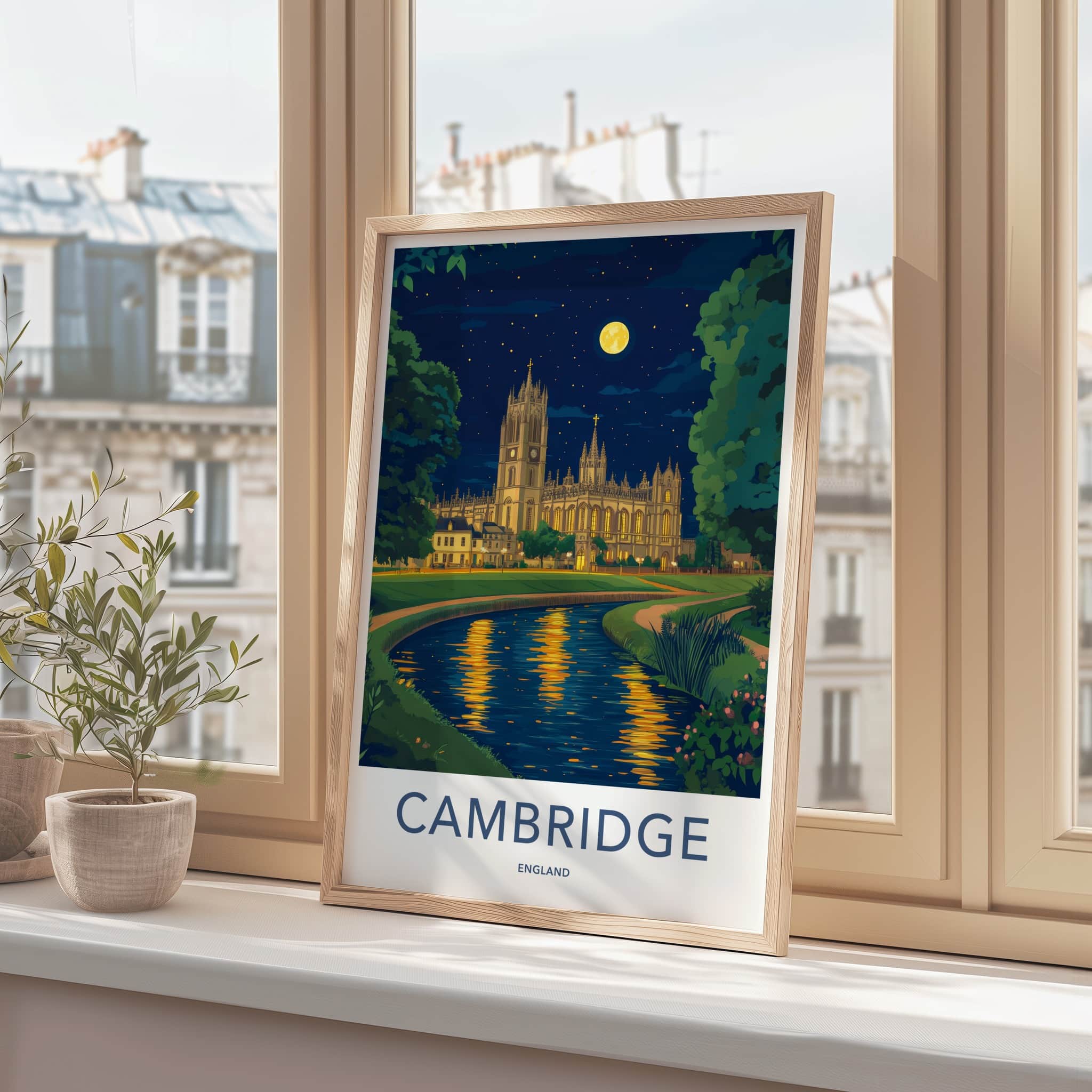 Cambridge Poster - England Travel Art - Moonlit Cathedral River Home Decor