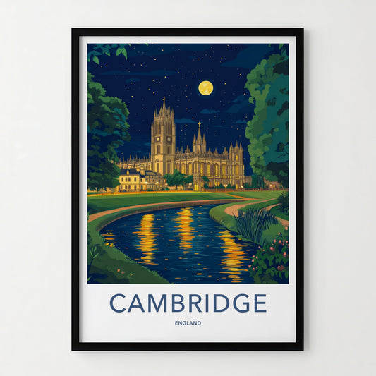 Cambridge Poster - England Travel Art - Moonlit Cathedral River Home Decor
