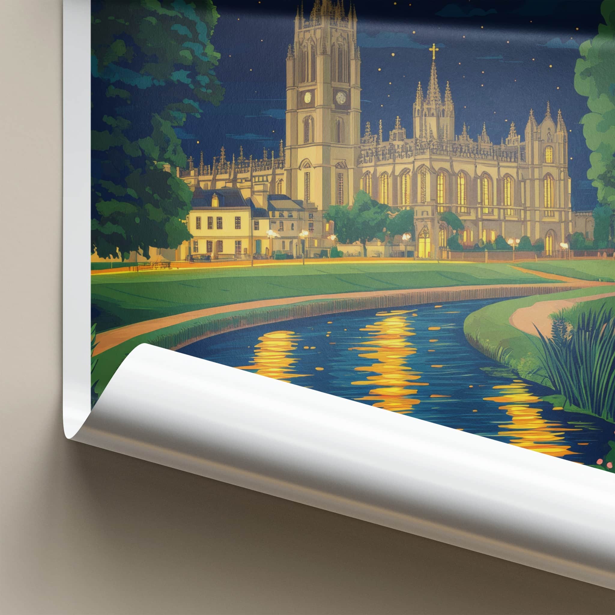Cambridge Poster - England Travel Art - Moonlit Cathedral River Home Decor