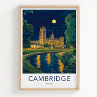 Cambridge Poster - England Travel Art - Moonlit Cathedral River Home Decor