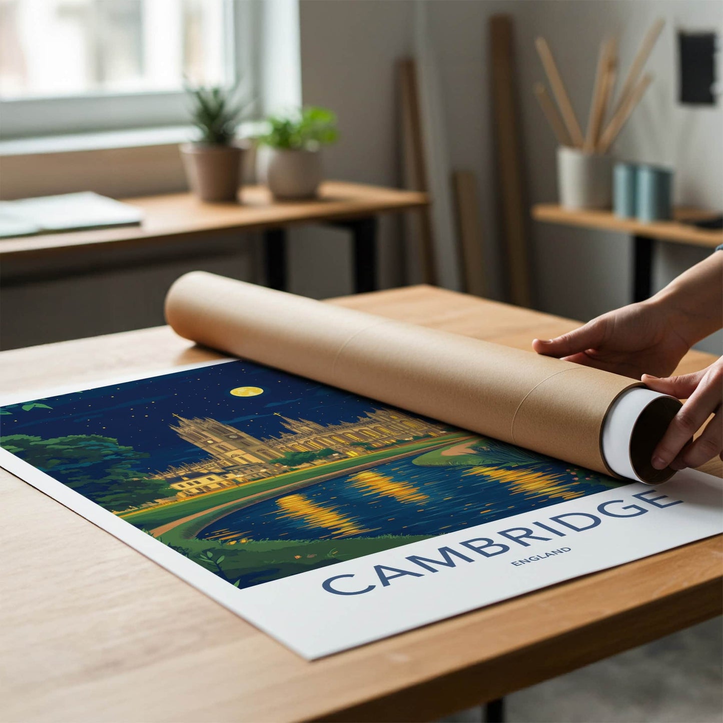 Cambridge Poster - England Travel Art - Moonlit Cathedral River Home Decor