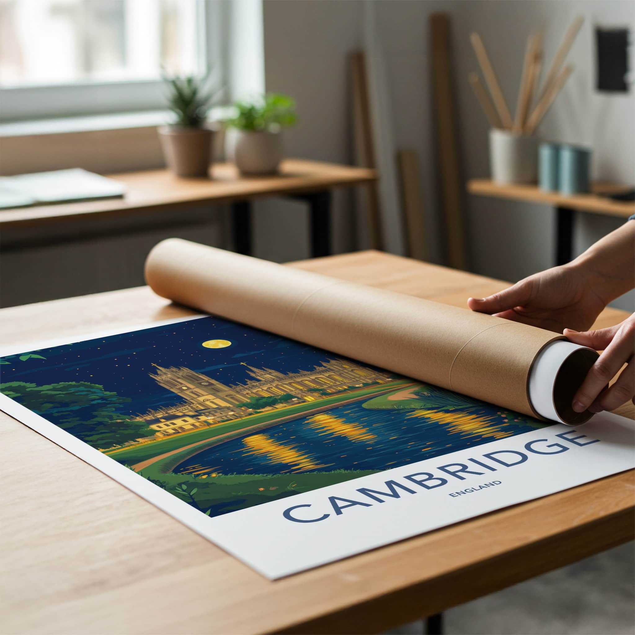 Cambridge Poster - England Travel Art - Moonlit Cathedral River Home Decor