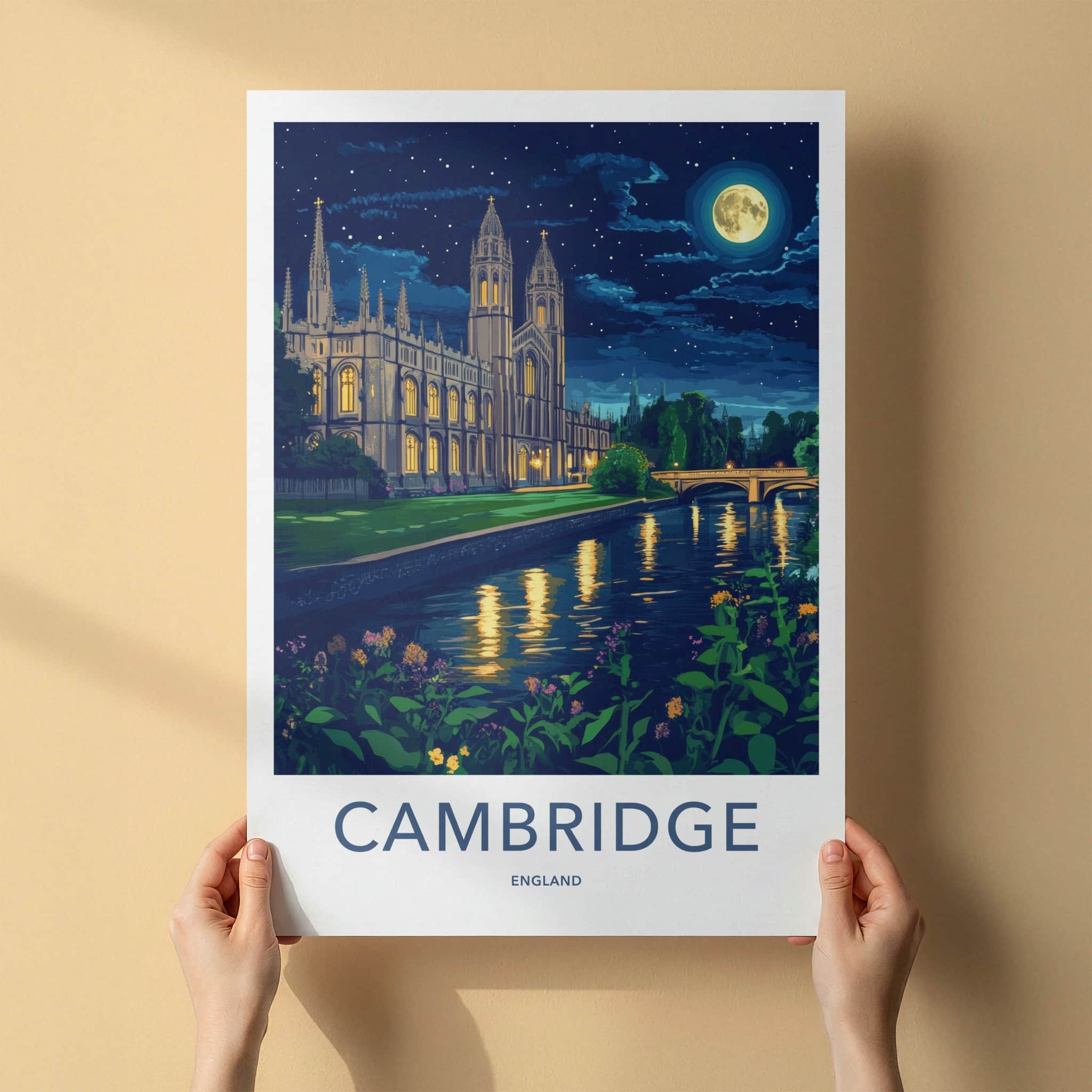 Cambridge Poster - England Travel Art - Moonlit River College Wall Decor