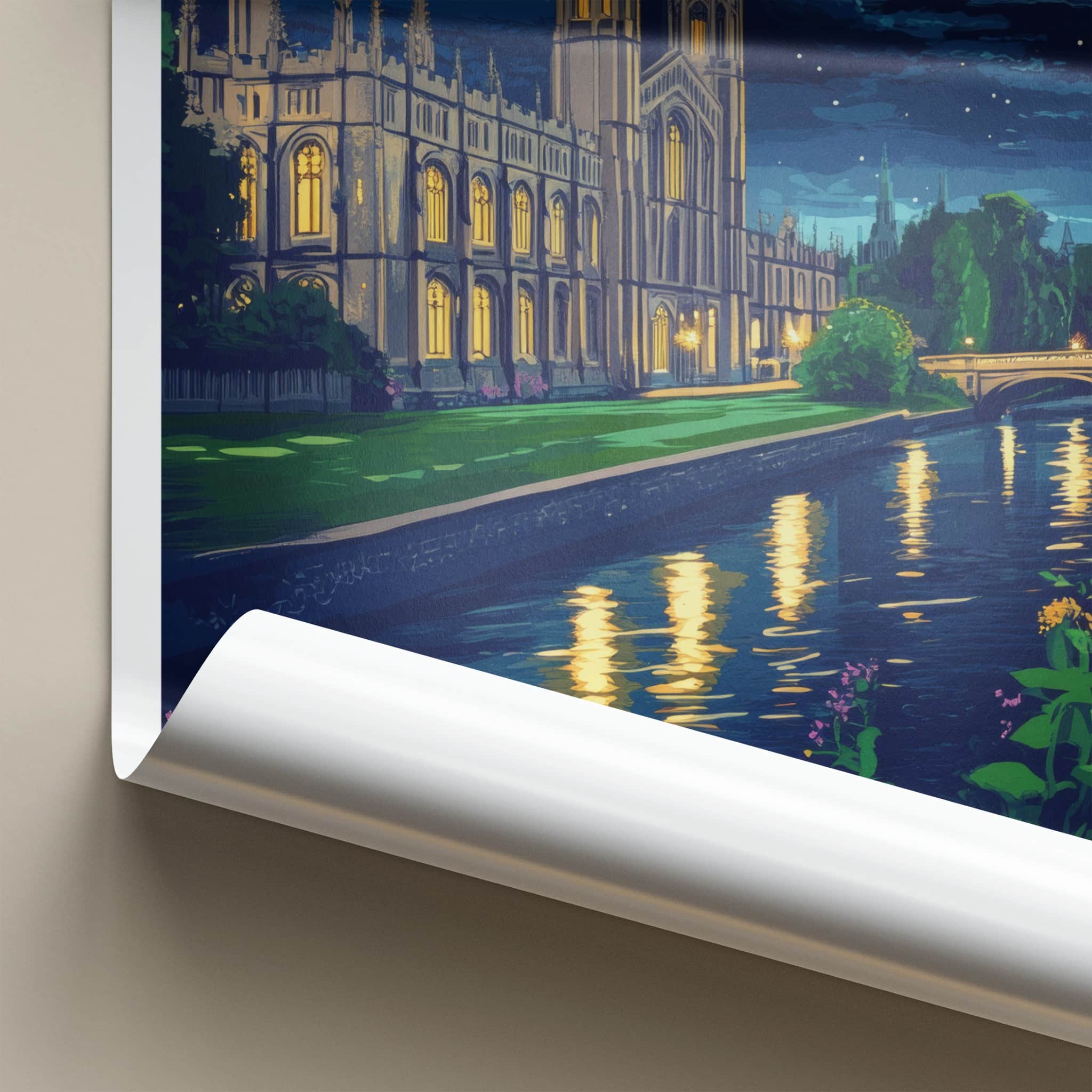 Cambridge Poster - England Travel Art - Moonlit River College Wall Decor